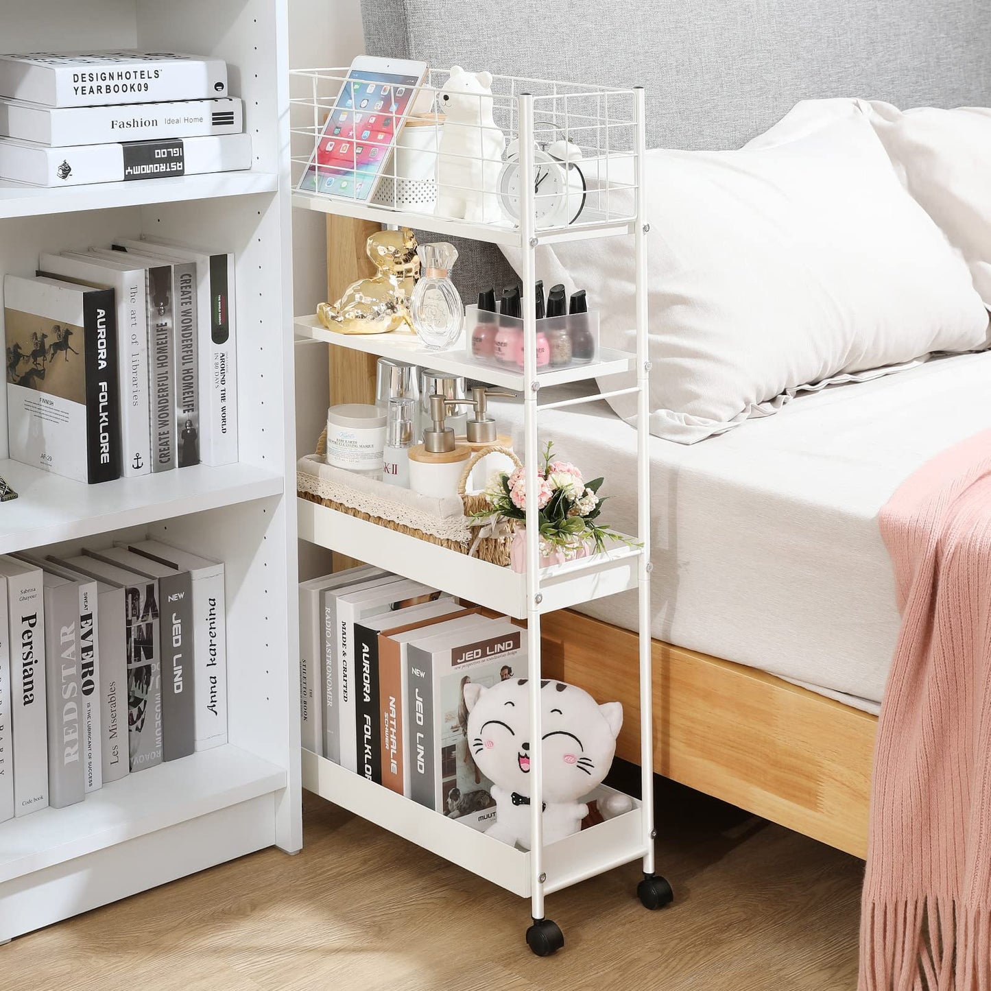 KINGRACK Slim Rolling Storage Cart 4 Tier - Heavy Duty Metal Utility Cart with Raised Edge & Wheels, Narrow Mobile Organizer Shelves for Bathroom, Kitchen, Laundry, Office, Living Room, White