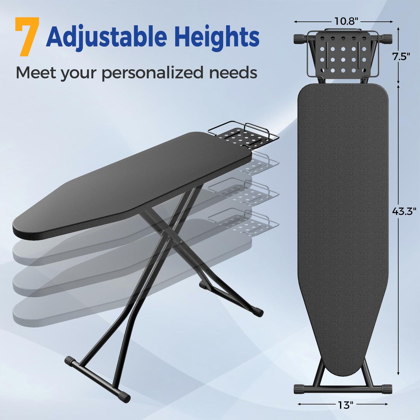BEWISHOME Foldable Ironing Board Full Size,Height Adjustable Sturdy Iron Board,Compact and Space Save Iron Stand for Laundry Room,Home Use,43" X 13" Black KYB02B