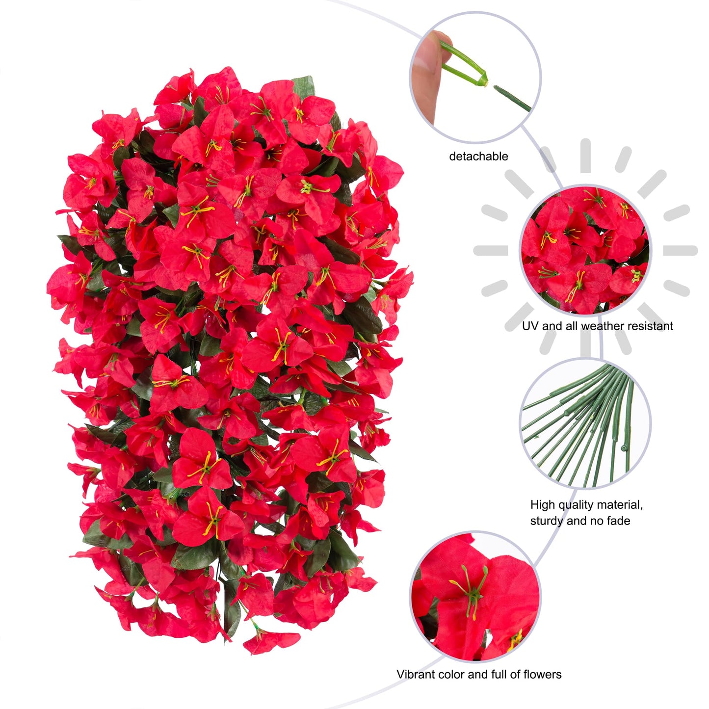 Faux Bougainvillea Artificial Flowers Plants for Outdoor Outside Decoration, 2 PCS Red Fake Flowers UV Resistant Look Real Silk Long Trailing Vines for Front Door Porch Planter Urn Patio Garden Yard