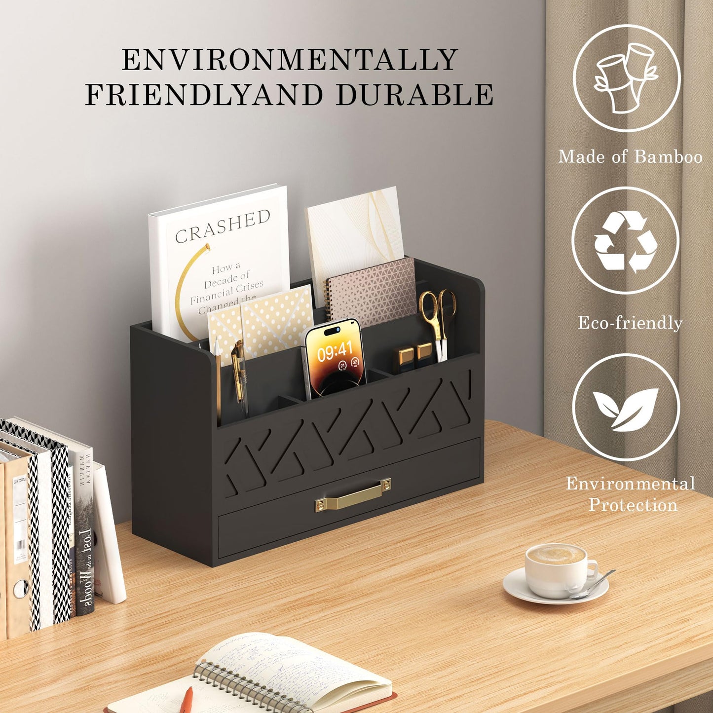 WISUCART Bamboo Mail Organizer Countertop Wood Desk Organizer Drawer Tabletop Storage Box Letter Sorter Makeup Organizer for School Home Office Supplies Black