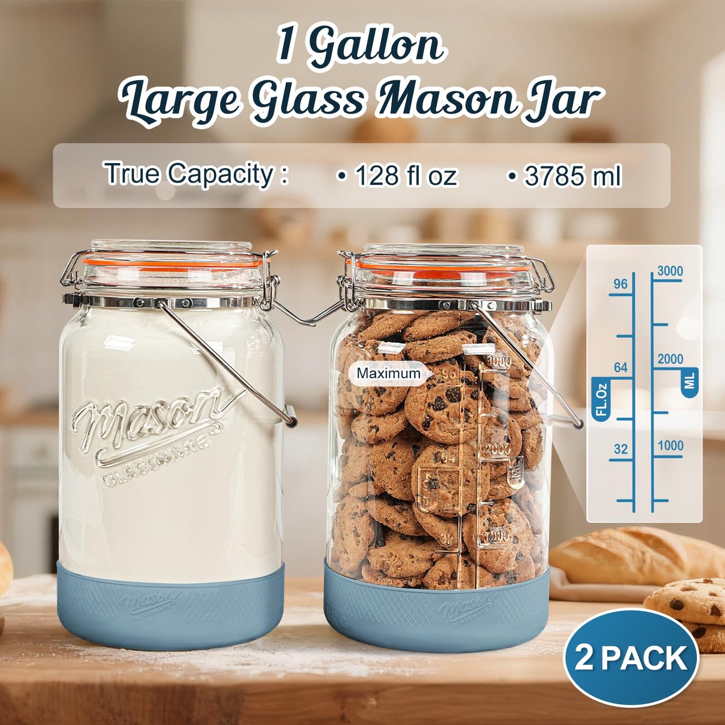 Dwbligt 2 Packs 1 Gallon Glass Jars with Airtight Lids, Wide Mouth Mason Jars with Clip Top & Stainless Steel Handle & Silicone Base, Glass Storage Containers for Kitchen Storage, Pickling-Dual Scale