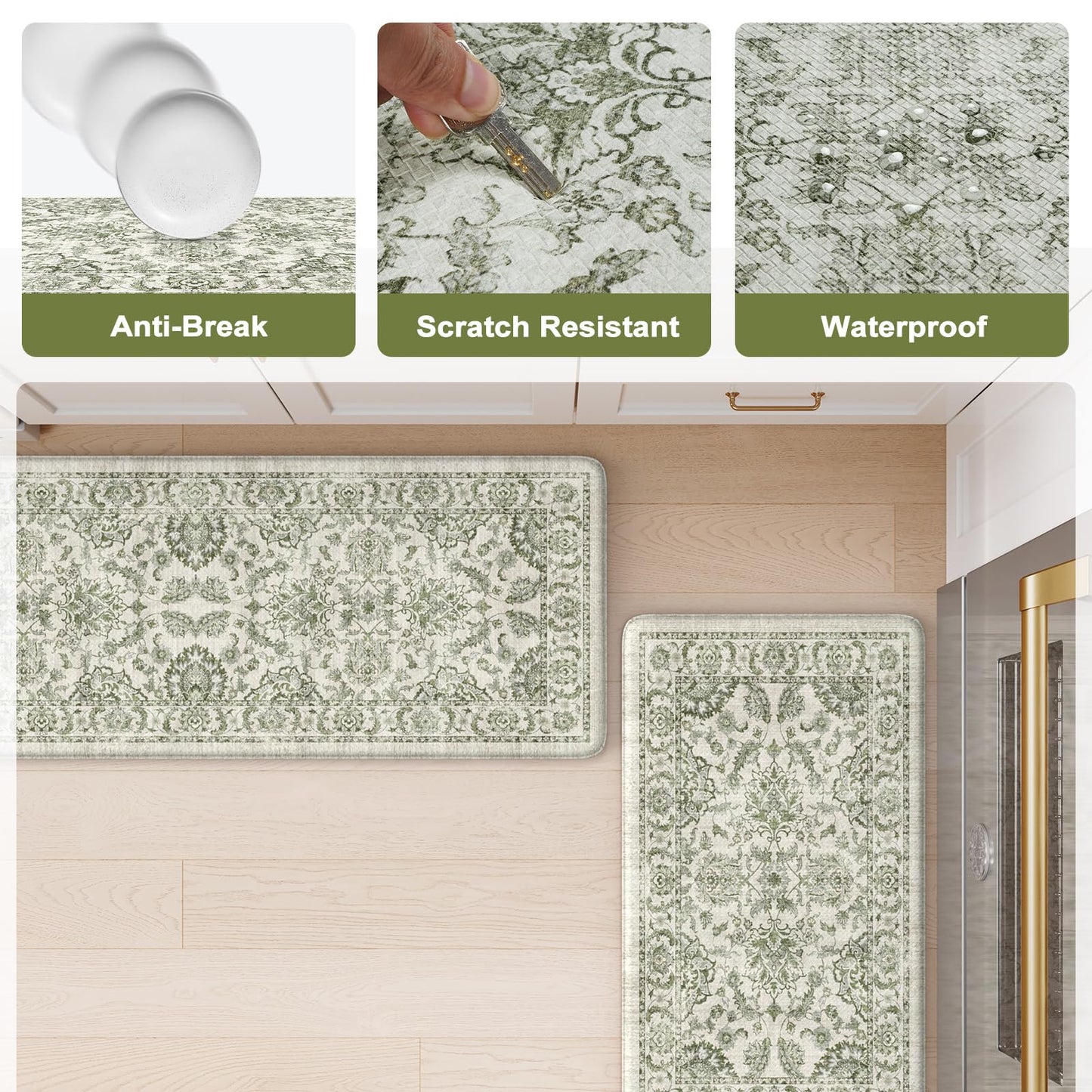 KIMODE Anti Fatigue Kitchen Mat Set, Non Slip Waterproof Kitchen Rug Set of 2, Boho Rugs for Kitchen, Ergonomic Standing Kitchen Sink Mats for Floor, 17"x29.5"+17" x47”, Green