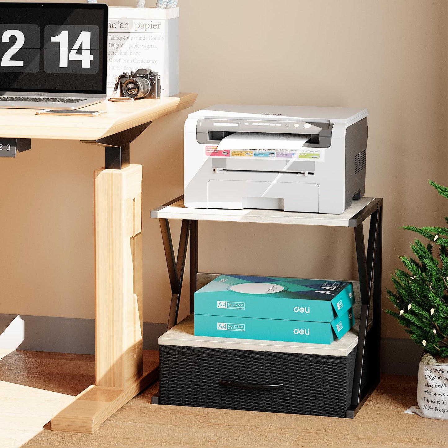 aboxoo Printer Stand for Desk with Storage Drawer, 2 Tier Desktop Or Under Desk Shelf, Multi-Purpose Desks Organizer for Home Office, fit Fax Machine/3D Printer/Scanner, Grey