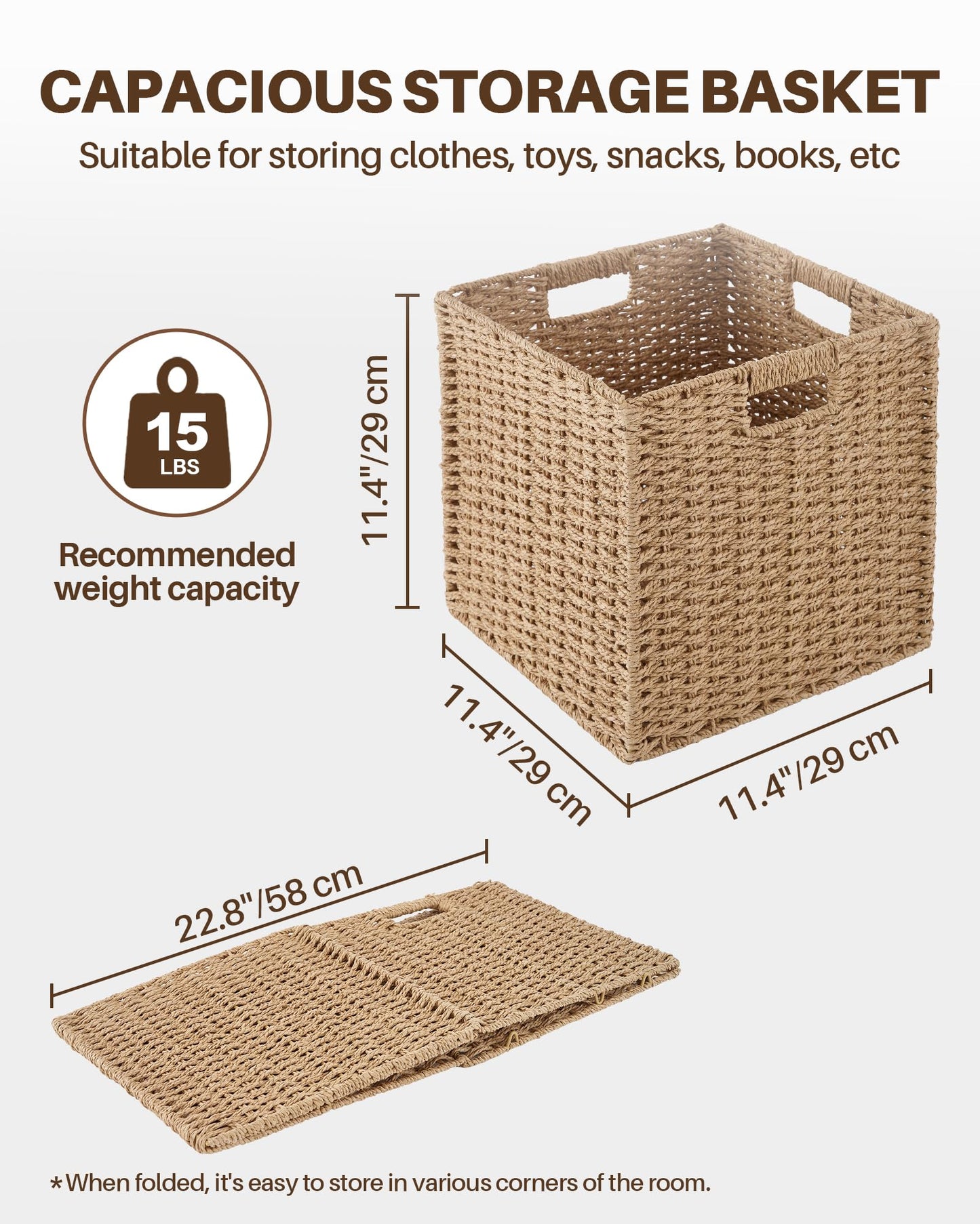 Paper Woven Foldable Storage Baskets 4 Pack, 11 Inch Cube Storage Bins, Handmade Paper Material Collapsible Organizer for Shelves & Home Organization, Ideal for Clothes Books Toys Snacks (Natural)