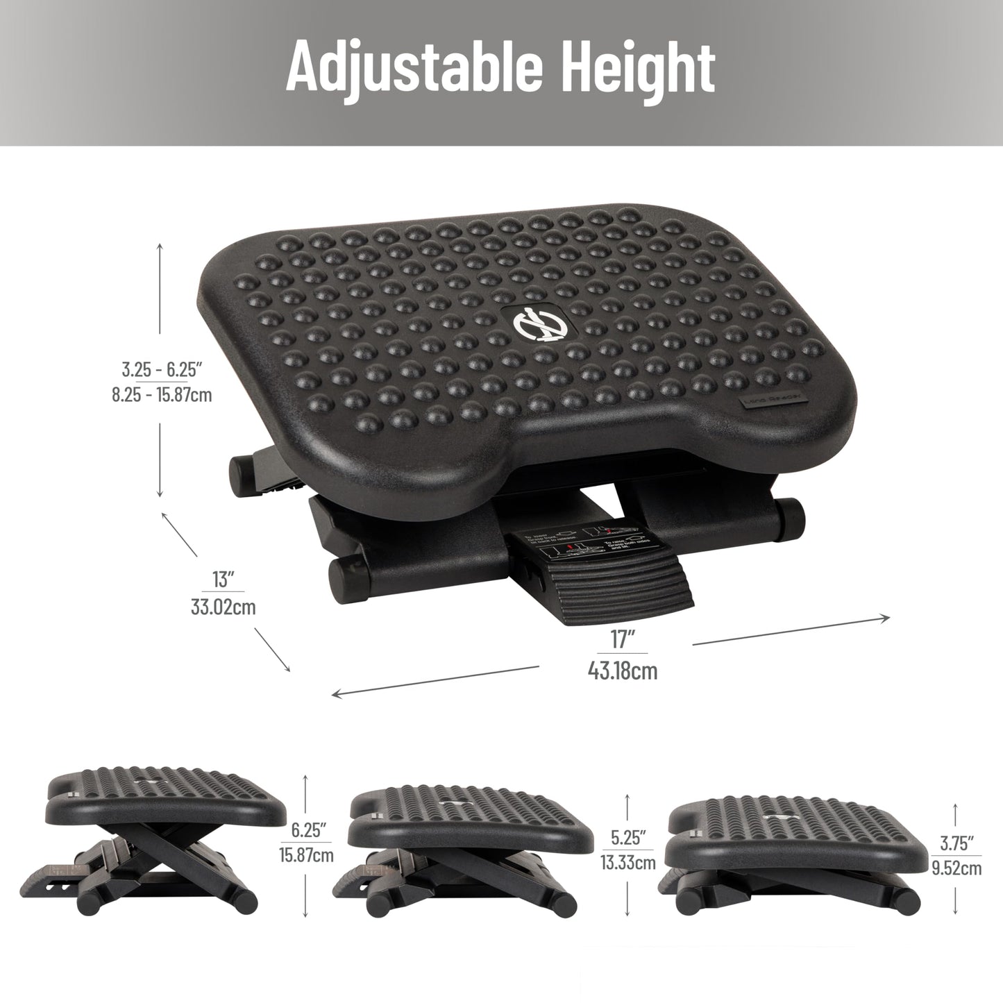 Mind Reader Foot Rest, Under Desk at Work, Ergonomic, Height Adjustable, Office, Plastic, 17" L x 13" W x 6.25" H, Set of 2, Black