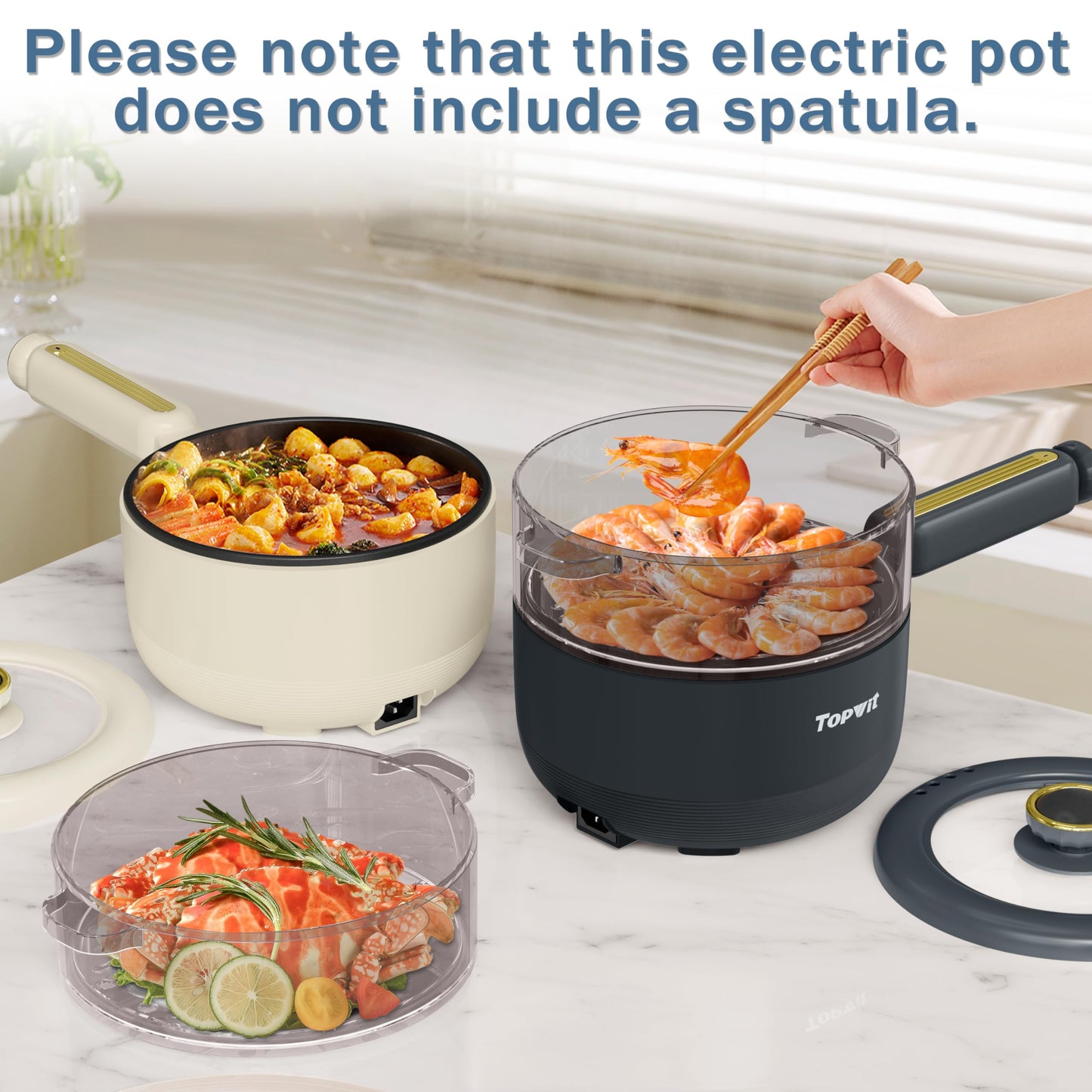 TOPWIT Hot Pot Electric with Steamer, 2L Multifunctional Electric Cooker, Non-Stick Sauté Pan, Portable Pot for Steak, Fried Rice, Ramen, Soup with Dual Power Control (Spatula Not Included), Grey