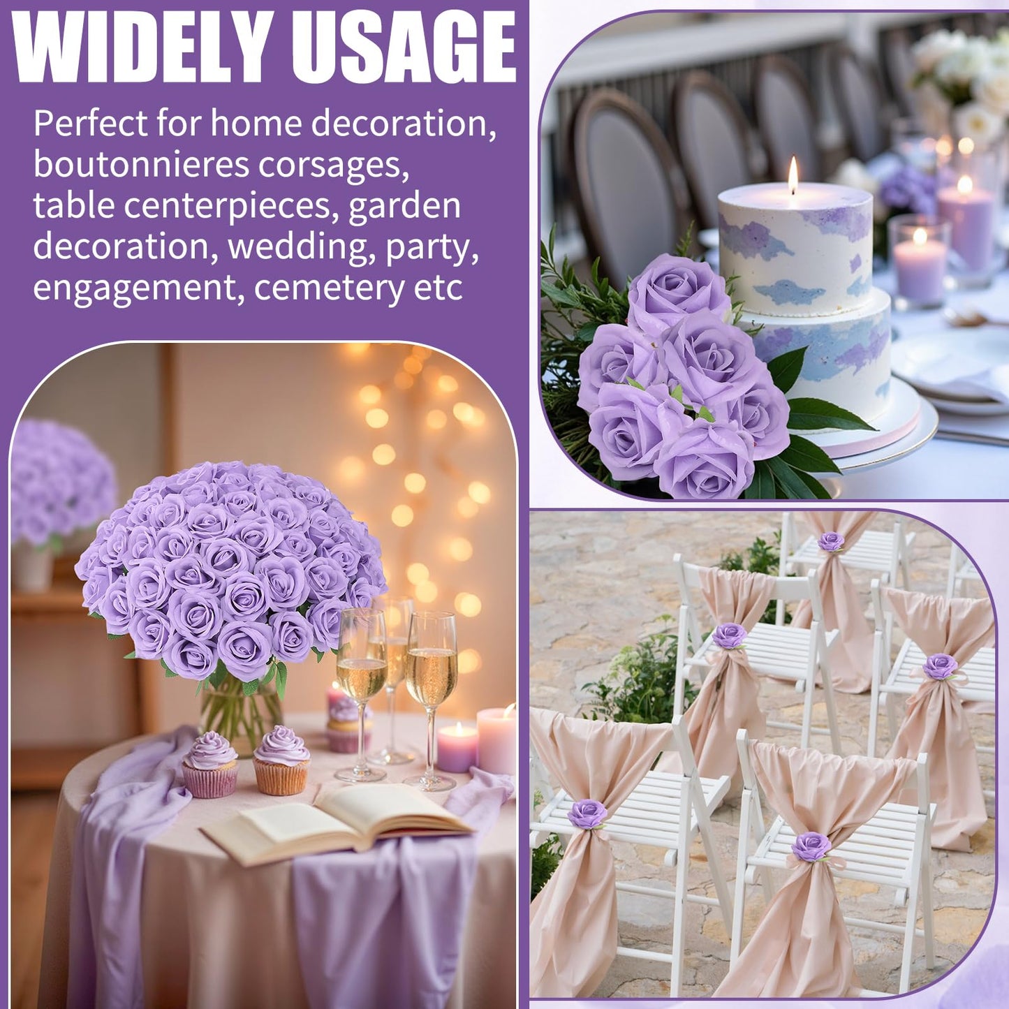 Ovveroche 72 Pcs Artificial Roses Light Purple Fake Silk Roses Realistic Roses Faux Flower Indoor Wedding Home Decor, Birthday Decorations