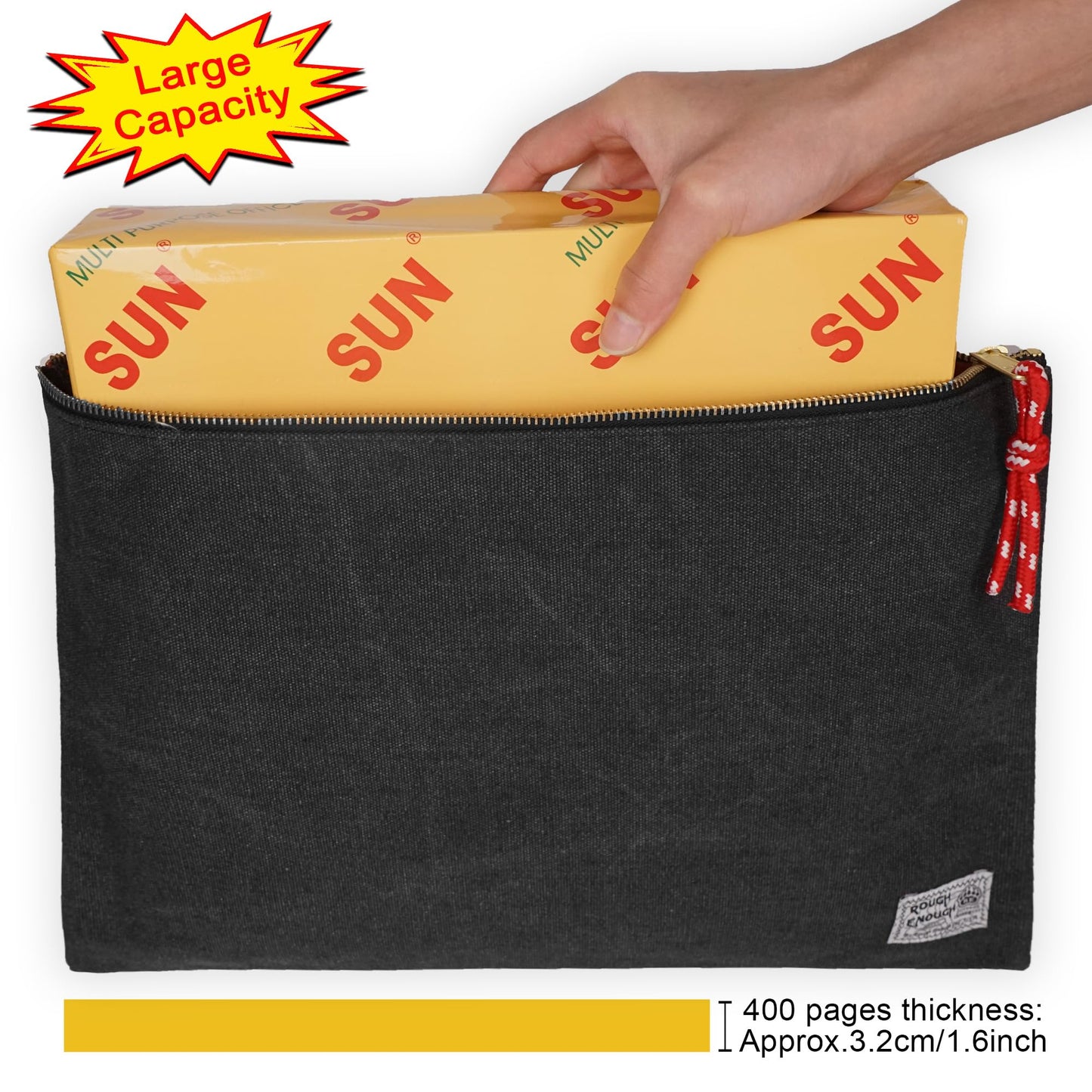 Rough Enough Important Document Storage Bag File Folder Organizer Pouch with Zipper Black Waxed Canvas Water Repellent for Travel Office Home