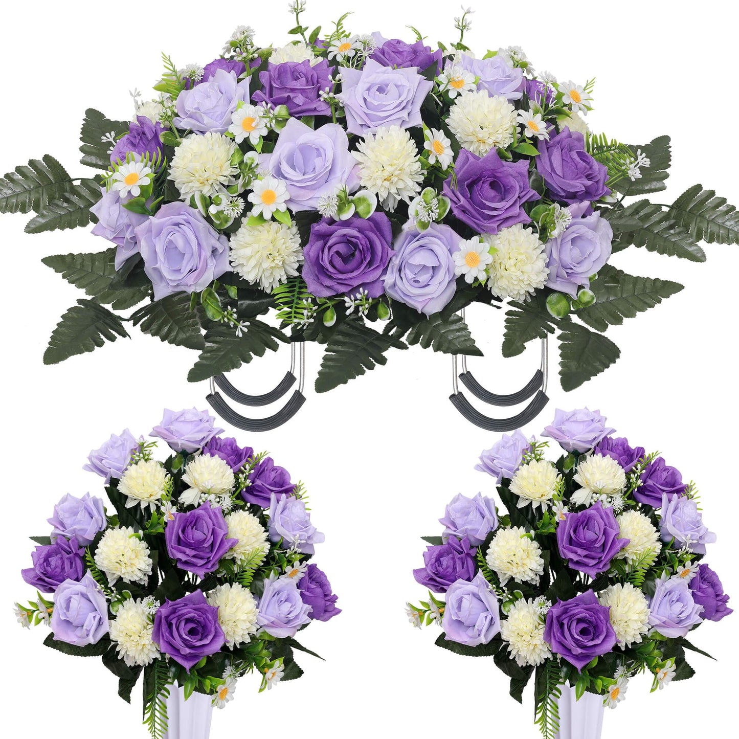 Lodou 3Pack Cemetery Decorations for Grave Large Headstone Flower Saddle Artificial Rose Bouquets with Vases for Outdoor Grave Headstone Decorations(Purple)