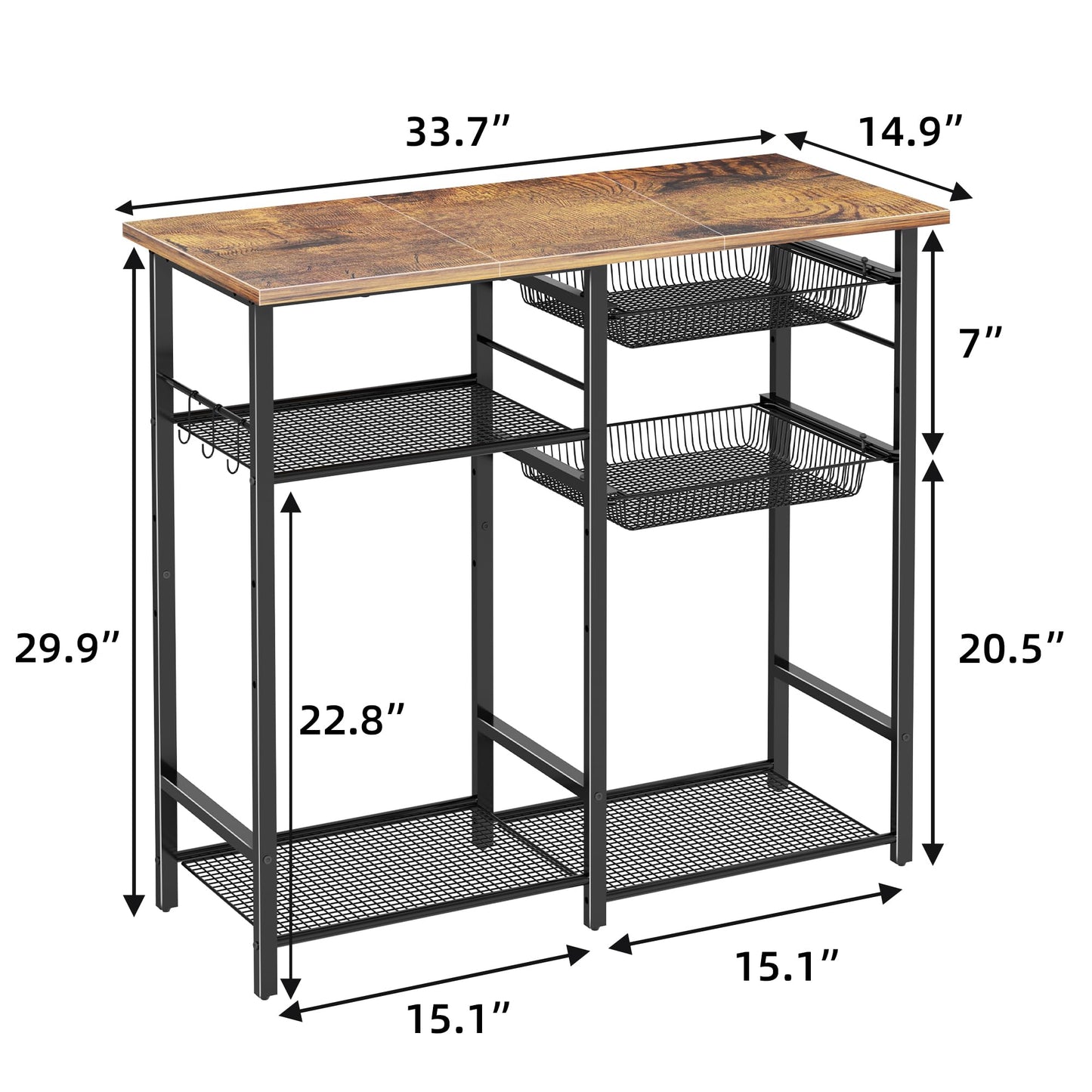 LAKEMID Kitchen Bakers Rack,Microwave Stand with Storge 3-Tier,Coffee Bar Station,6 S-Shaped Hook,Kitchen Storage Shelf,33.7D x 14.9W x 29.9H Inches,Rustic Brown