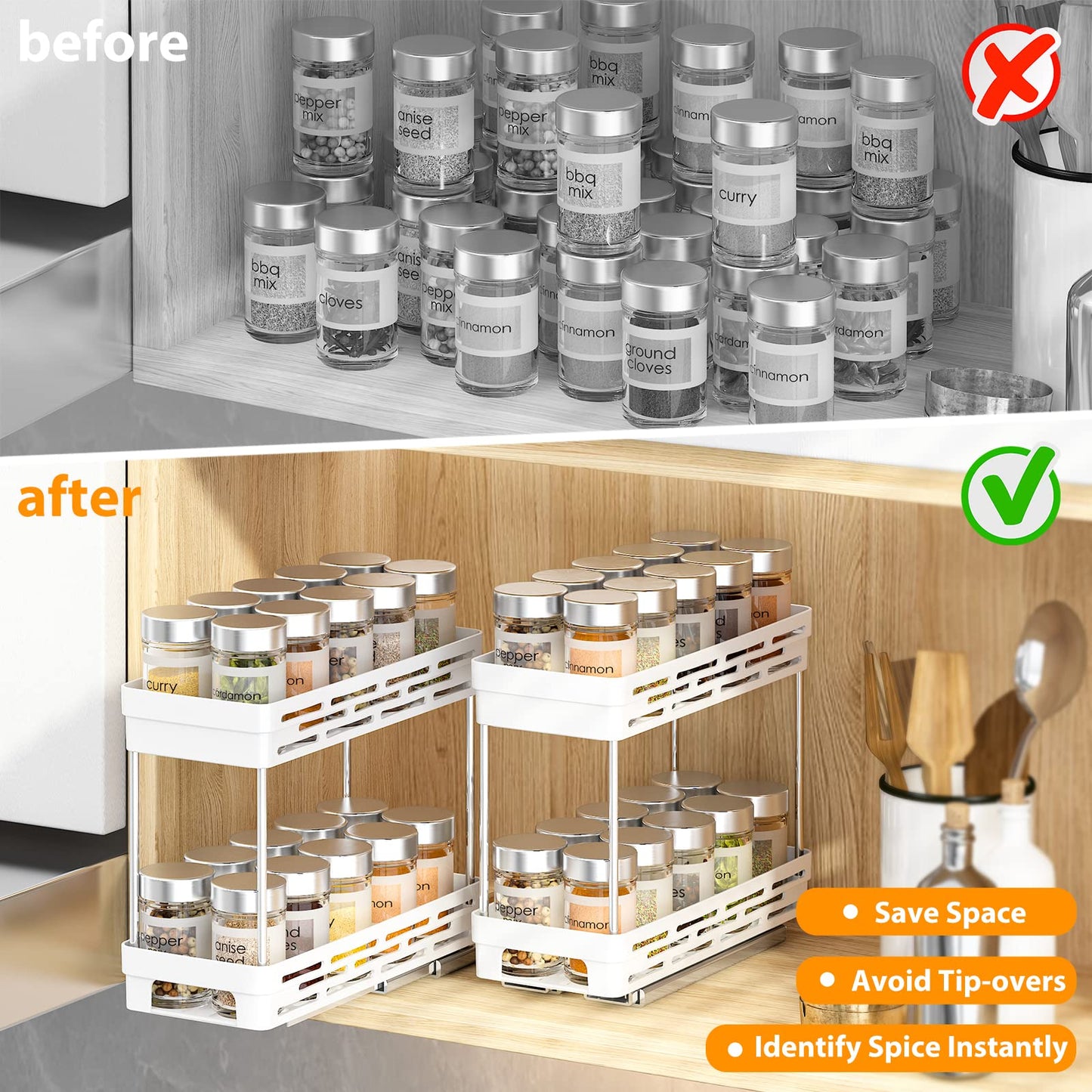 Pull Out Spice Rack Organizer for Cabinet, 3 Packs Slide Out Spice Racks Organizer, Spice Cabinet Organizers, Cabinet Size Need:12'' Highx11'' Deepx5'' Wide,Each Tier Hold 10 Spice Jar - 2 Tier, White