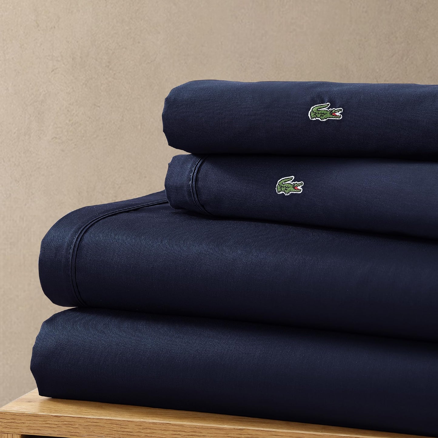 Lacoste 100% Cotton Percale 4-Piece Sheet Set – Crisp Cool Breathable All-Season Bedding, Oeko-Tex Certified, Soft Matte Finish, Durable Premium Cotton – Solid, Navy, Queen