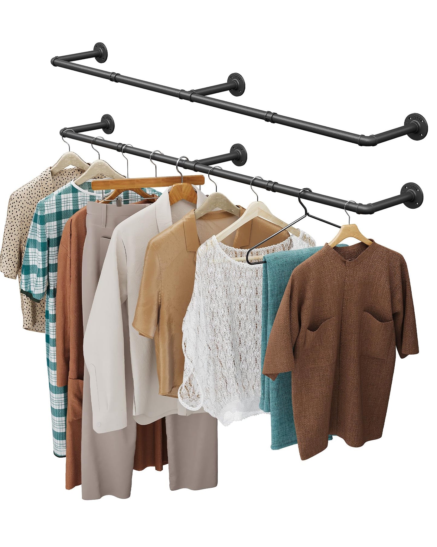 OROPY Clothes Rack, 65.7" Industrial Pipe Clothing Rack 2 Pack for Clothes, Wall Mounted Heavy Duty Space Saving Garment Rack for Closet Storage, Black, 3 Base