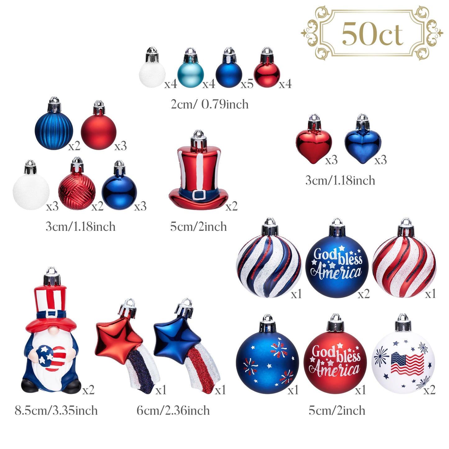 Valery Madelyn 4th of July Tree Decorations for Patriotic Memorial Day Ornaments, 50ct Medium Red White Blue Shatterproof Americana Gnome for Independence Day USA 250th Anniversary Hanging Ball Decor