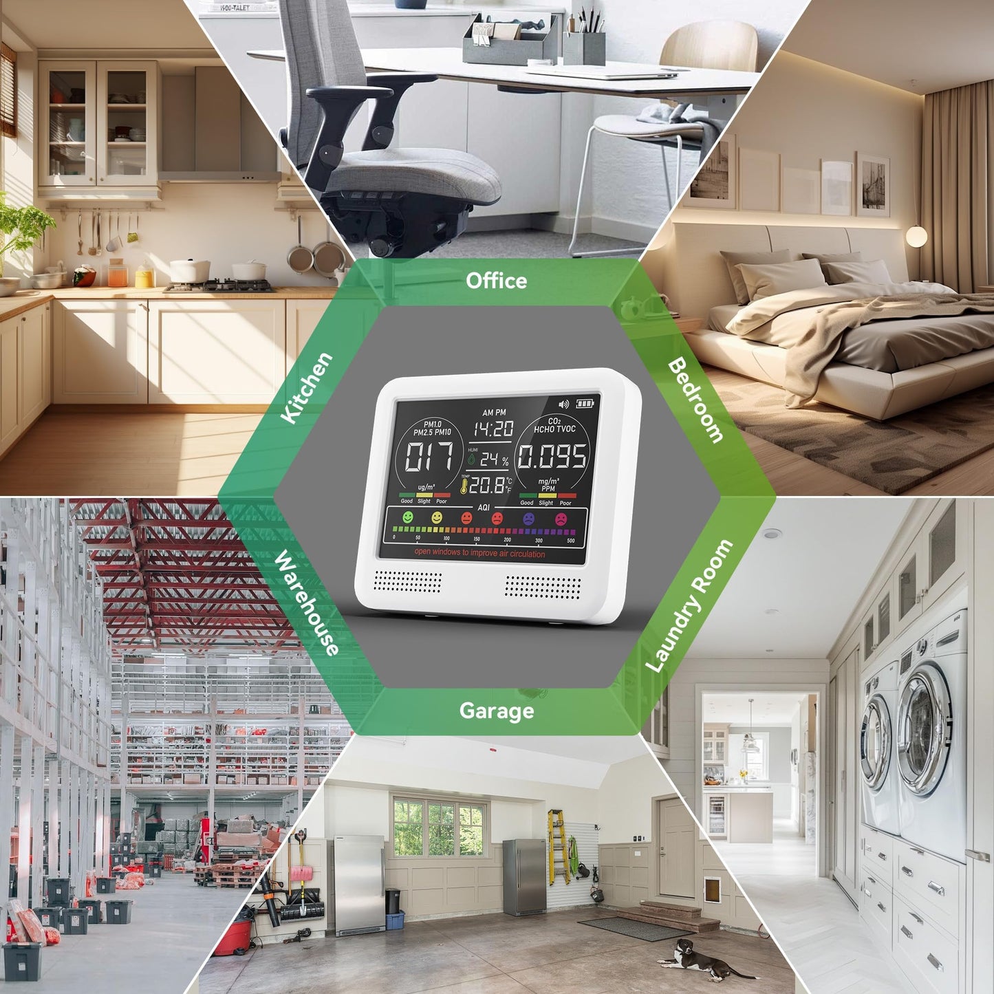 16 in 1 Air Quality Monitor Indoor with 7AQI & Alerts, Air Quality Meter for CO2, TVOC, PM1.0 PM2.5 PM10, HCHO, Temperature Humidity | AQI & Time | Air Detector for Home Office (White)