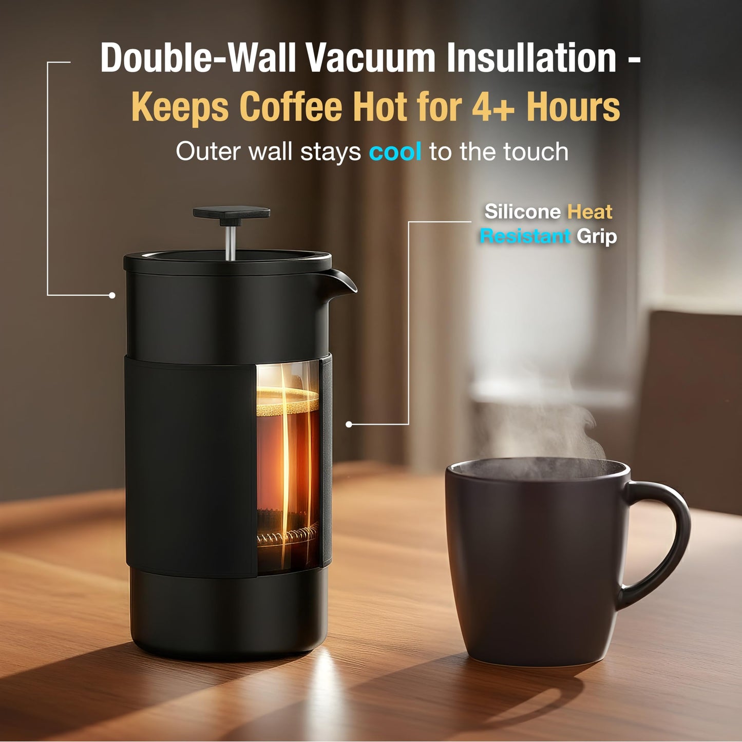 Travel French Press Coffee Maker Set - 12 oz | Portable Travel French Press Coffee Maker | Double Wall Insulated with Dual Stainless Filters & 2 Steel Canisters for Grounds, Tea, Creamer & Sugar