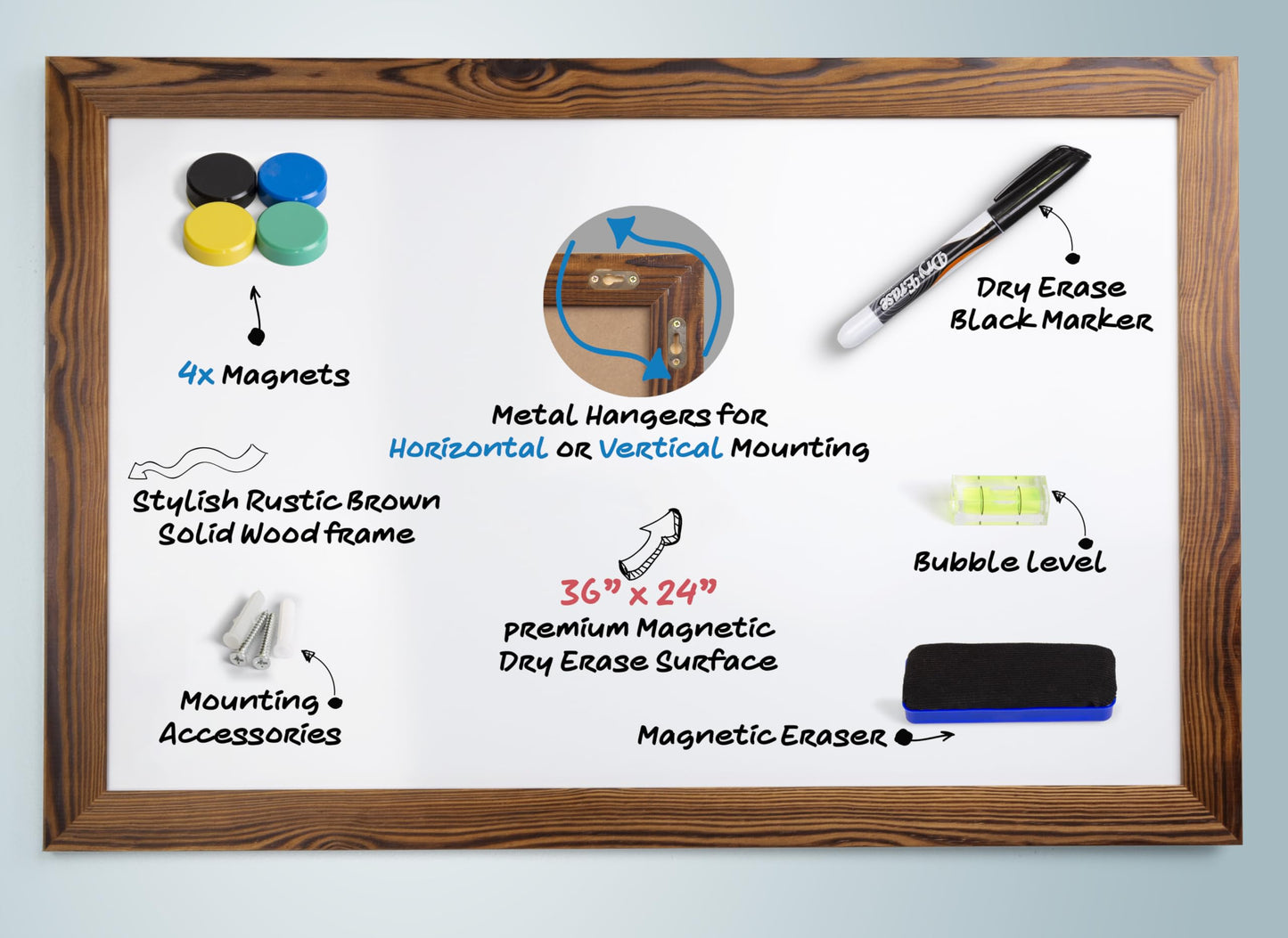 Real Wooden Framed Magnetic Dry Erase Whiteboard, 24" X 36", Vertical/Horizontal Wall Mount, Includes Black Marker, Eraser and 4 Magnets, by Better Office Products (Rustic Brown)