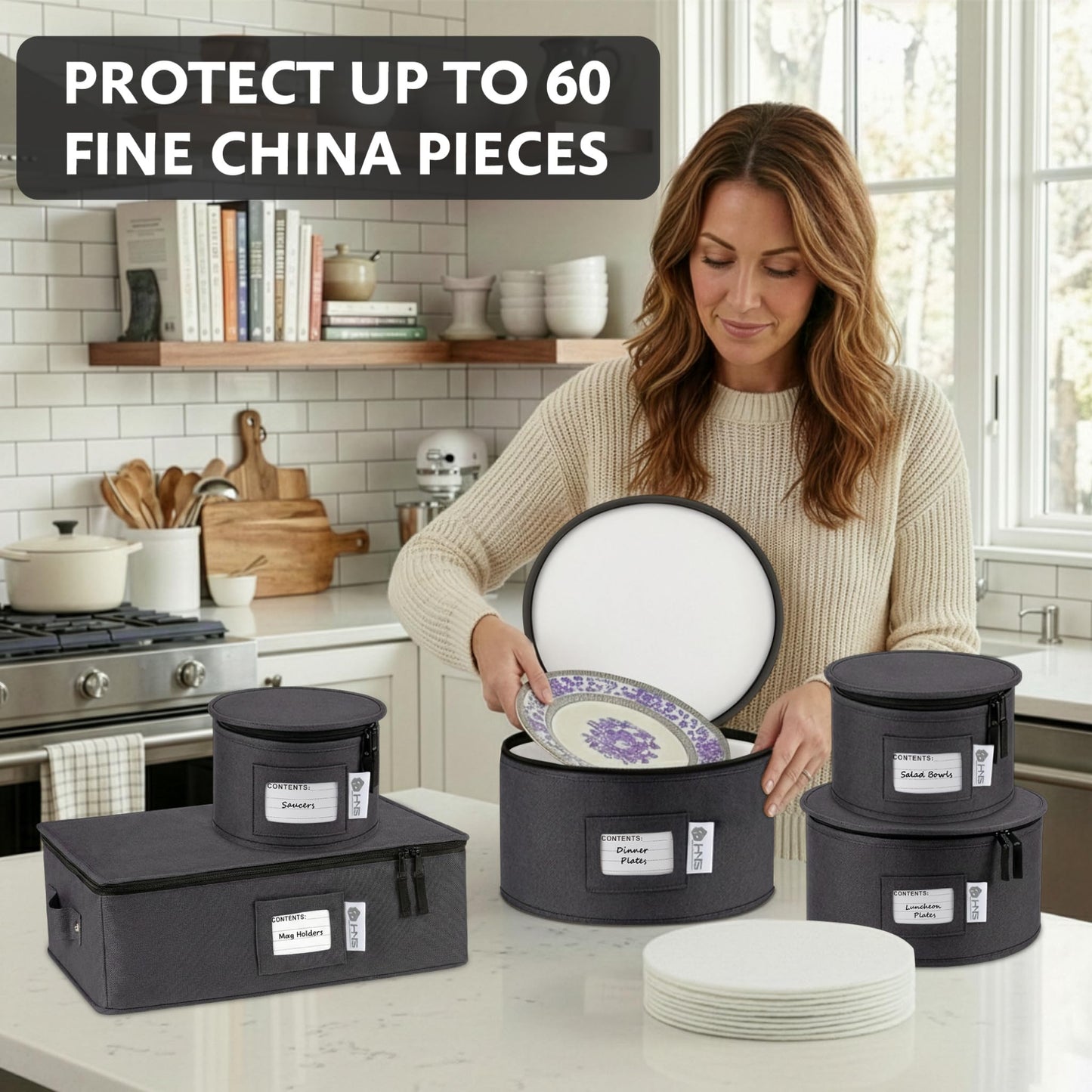 China Storage Hard Shell Containers 5-Piece Set Moving Boxes for Dinnerware, Glasses, Plates, Mugs and Saucers Sturdy Dish Organizer with Dividers for Seasonal Storage - Service for 12 - Black Quilted