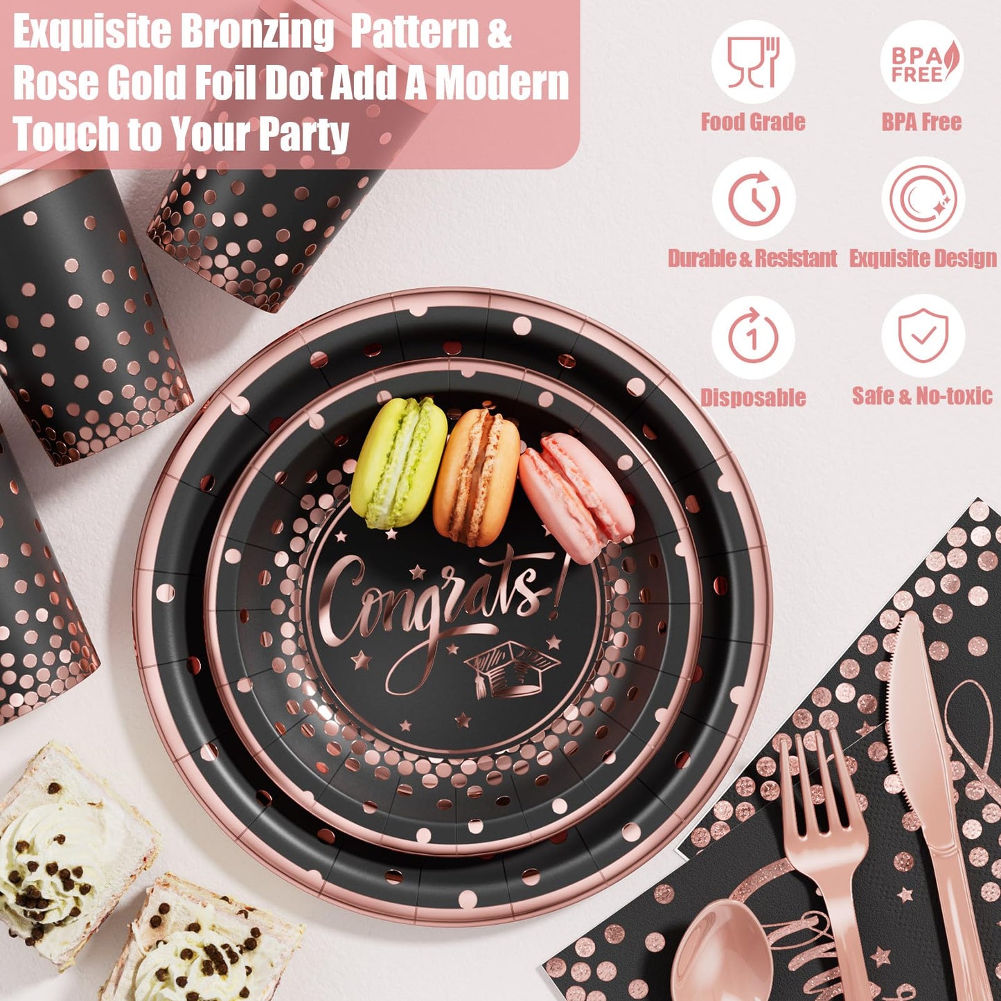 Ecomore 2026 Graduation Decorations - 245 PCS Grad Disposable Dinnerware(Serve 25) & Graduation Party Supplies With Congrats Paper Plate Cup Napkin Tablecloth Backdrop Balloon - Black Pink Rose Gold