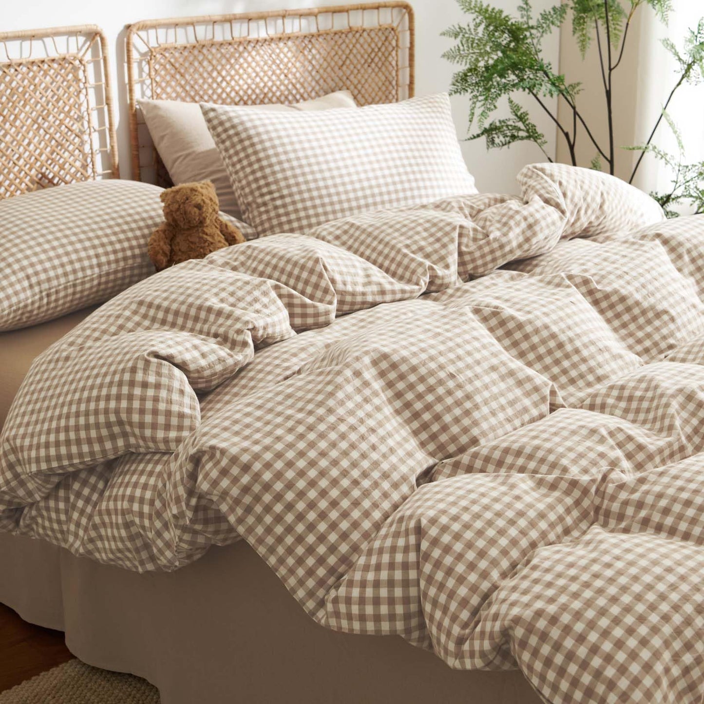 Nayoroom Gingham Duvet Cover Queen Size 100% Washed Cotton Brown Tan Plaid Checkered Comforter Cover 3 Pcs Soft Breathable Grid Farmhouse Dorm Bedding Set for All Seasons