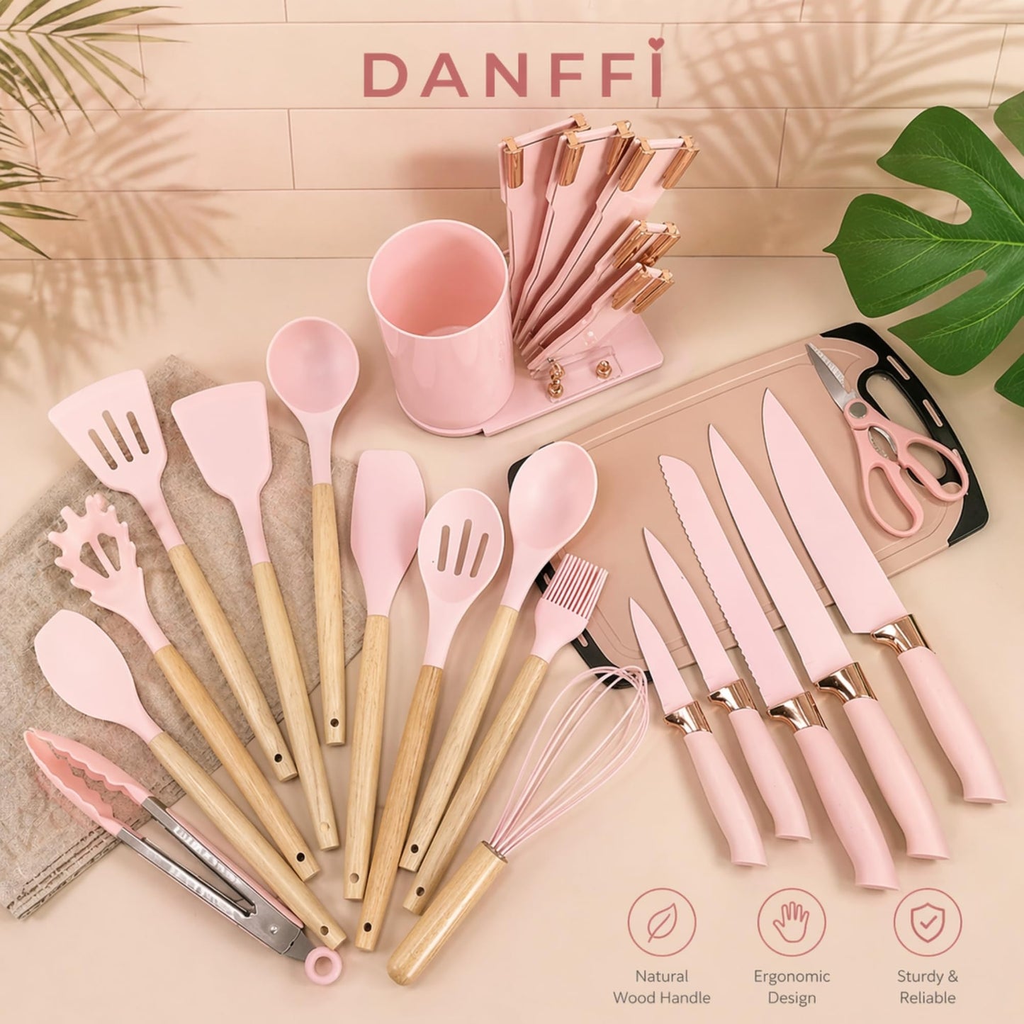 19-Piece Pink Kitchen Utensils Set with Knife Set & Cutting Board - Silicone Cooking Utensils with Wooden Handles, Rose Gold Accents, Scissors, Whisk & Tongs - BPA-Free Pink Kitchen Gift Set
