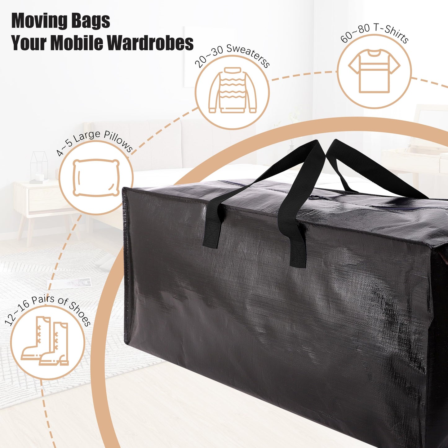 NATURELUX Heavy Duty Moving Bags with Backpack Straps and Strong Handles, Alternative to Moving Boxes and Storage Totes for Dorm Room Essentials, 12 Pack, Black