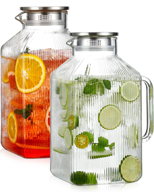 2 Pack 1 Gallon thickened Square Glass Pitcher with Lid, Classic Stripes Water Pitchers for Fridge, Borosilicate Glass Carafe for Hot/Cold Brew Drink, Extra Large Jug with Handle for Iced Tea, Coffee
