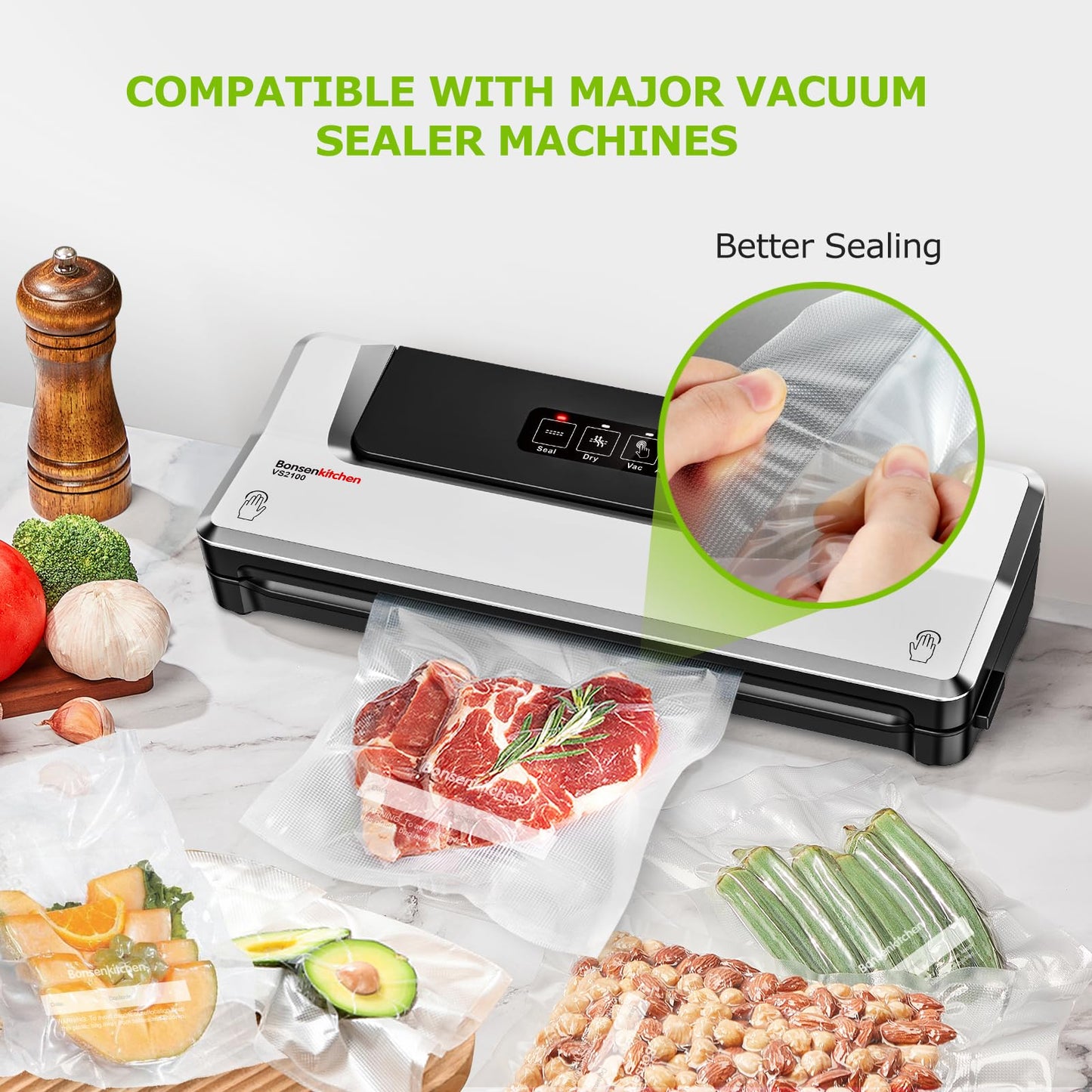 Bonsenkitchen Precut Vacuum Sealer Bags, 100 Gallon 11" x 16" Food Sealer Bags, Food Grade, BPA Free, Heavy Duty, Customized Vacuum Bags for Vac Storage, Meal Prep or Sous Vide Cooking, VB3214