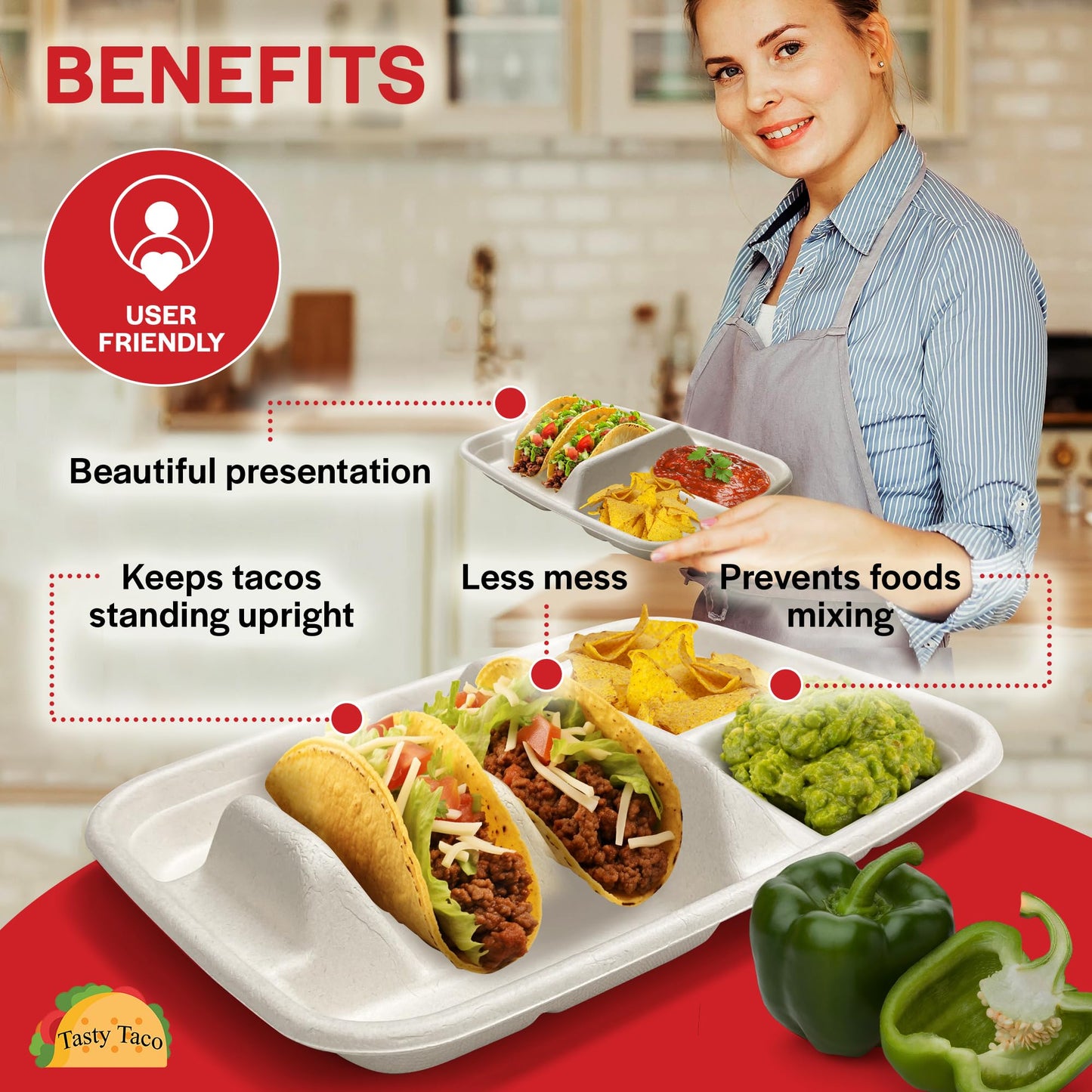White Disposable Taco Plates for 2 Tacos & 2 Sides – 50 PACK | Premium Paper Plates with Dividers, Fiesta Taco Holder, Taco Stand for Taco Tuesday & Taco Bar Serving Set (White, 50 plates)