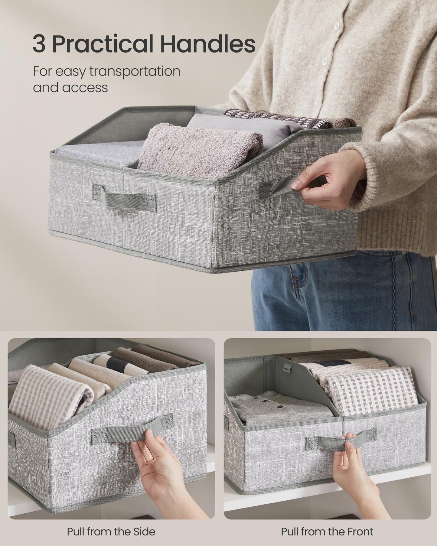 SONGMICS Set of 6 Storage Baskets, Foldable Storage Bins with Removable Dividers, Fabric Boxes, 15.7 x 11.8 x 7.9 Inches, Closet Organizers, 3 Handles, for Living Room, Cattail Gray URFB0140G01