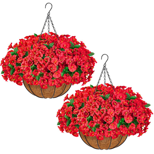 TTQ Set of 2 Artificial Hanging Flower Baskets for Outdoor Decor, 16 Bundles Faux Silk Morning Glory Flowers with 2 Hanging Baskets for Porch Patio Balcony Garden Spring Summer Decoration