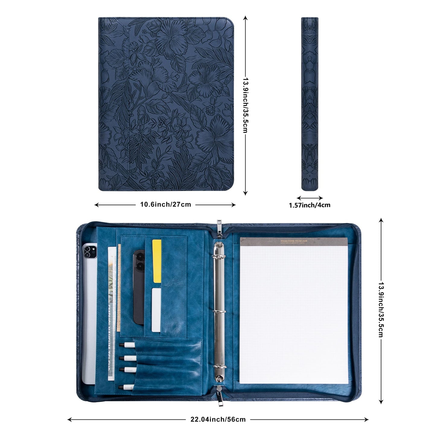 Dark Blue Embossed Vegan Leather Portfolio for Women, 3 Ring Portfolio Binder with Zipper, A4 Planner Binder with Laptop Pocket, Padfolio Legal Size,WorkBinder Organizer for Women