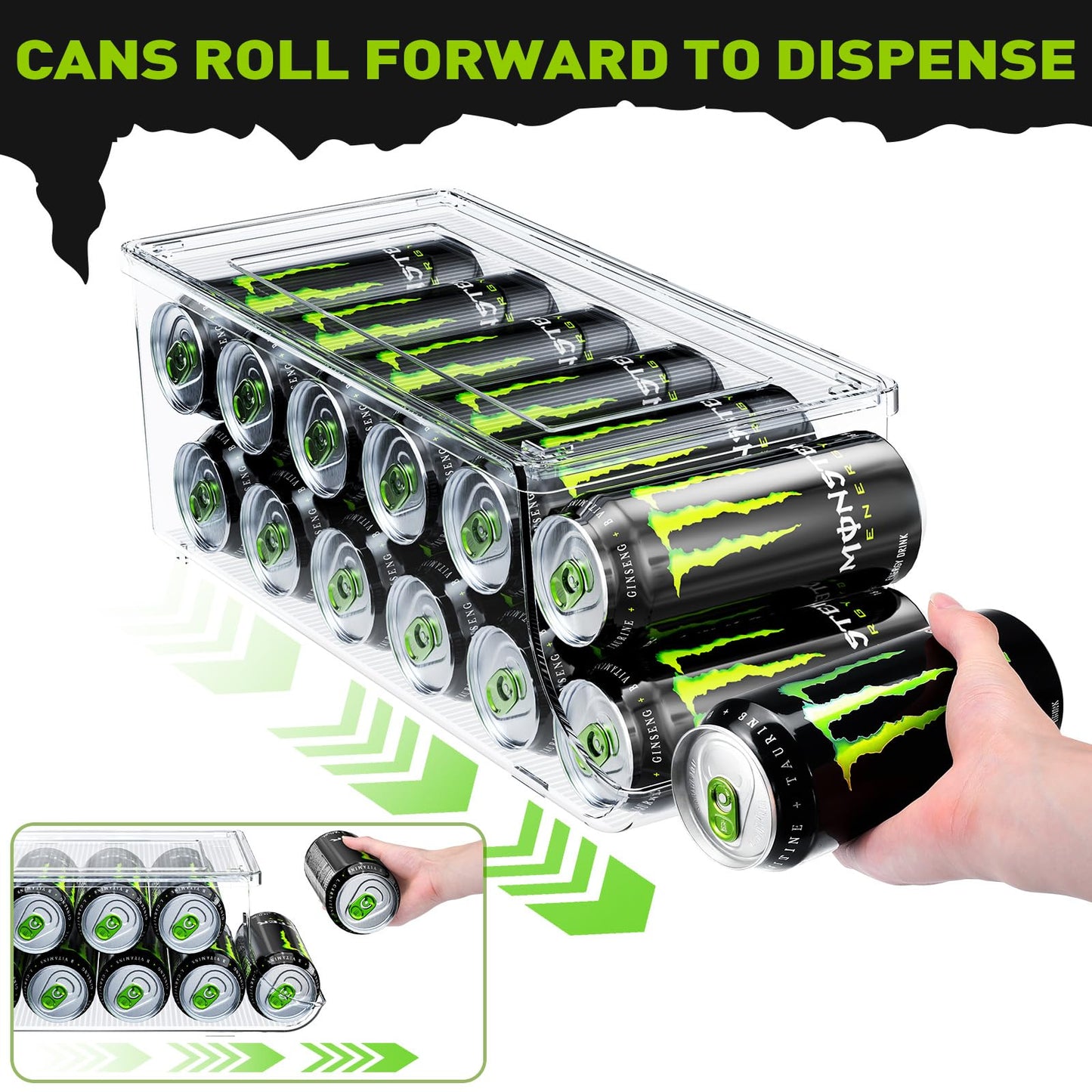 SCAVATA 2 Pack Tall Skinny Can Organizer for Refrigerator, Stackable Large Soda Cans of 16oz & 17oz Beverage Energy Drink Container Holder Dispenser with Lid for Fridge, Clear Storage Plastic Bins