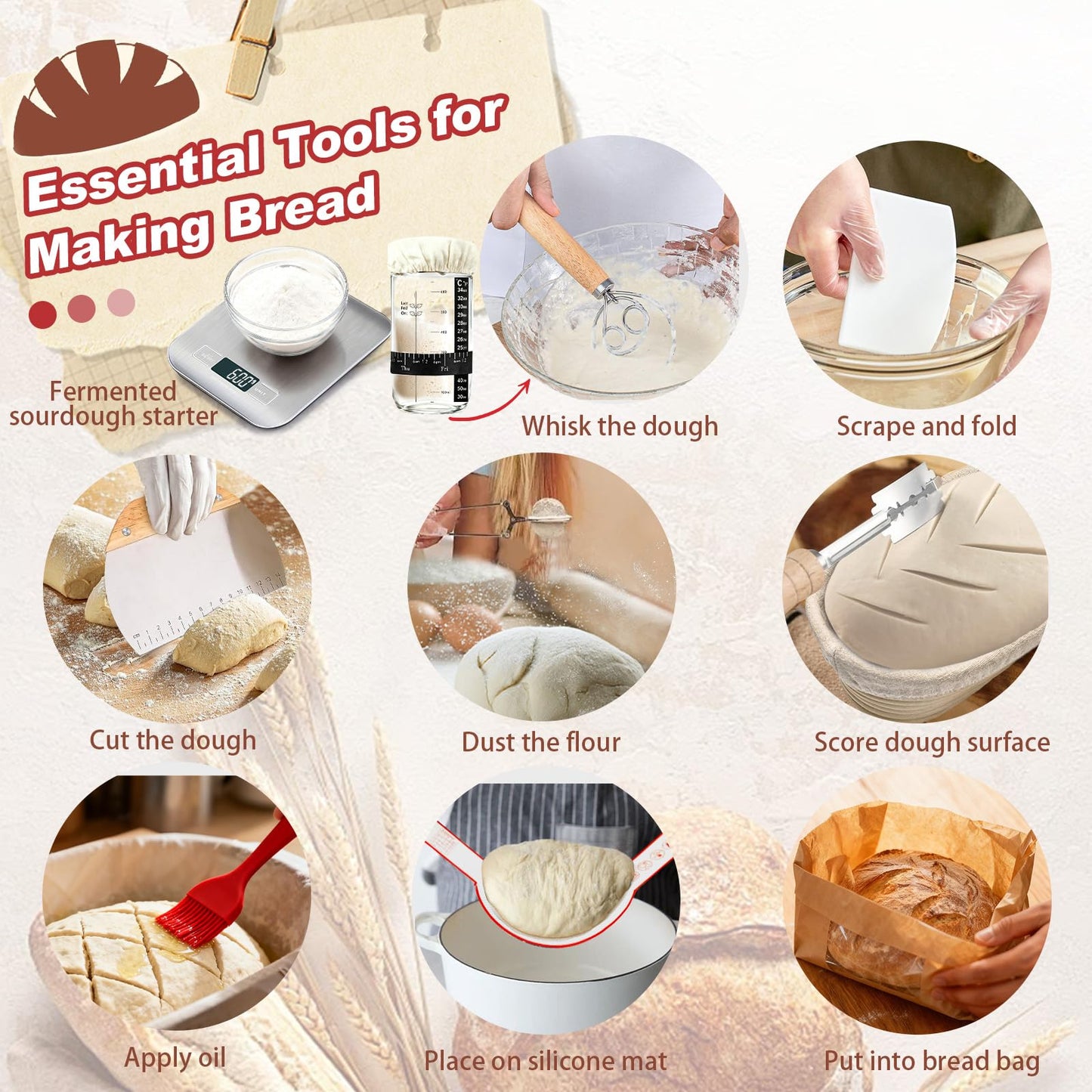 Sourdough Starter Kit with Scale, Glass Jar and Banneton Bread Proofing Basket - Complete Sourdough Bread Baking Supplies, Sour Dough Making Essentials Tools, Gift for Bakers Beiginner Women Wife Mom