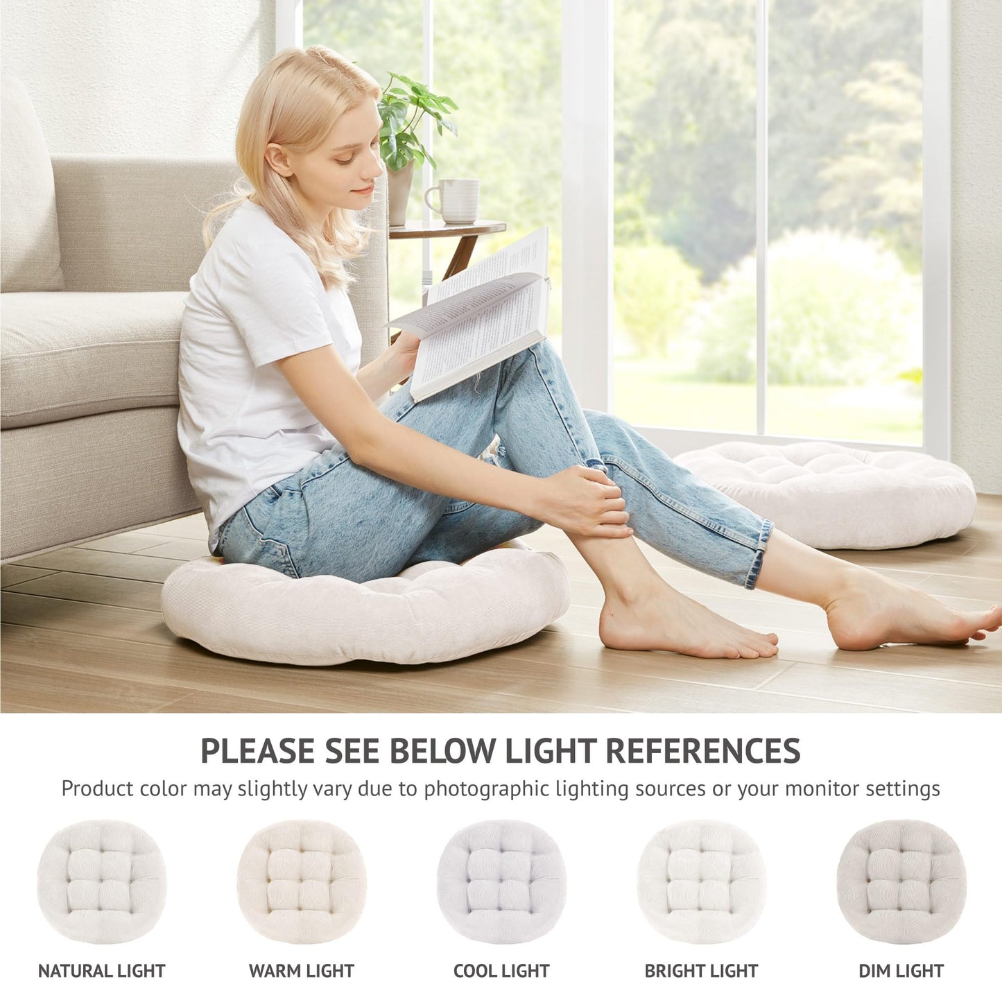 Meditation Floor Pillow Set of 2, Round Large Pillows Seating for Adults, Tufted Corduroy Cushion for Living Room Tatami, Beige 22 Inch