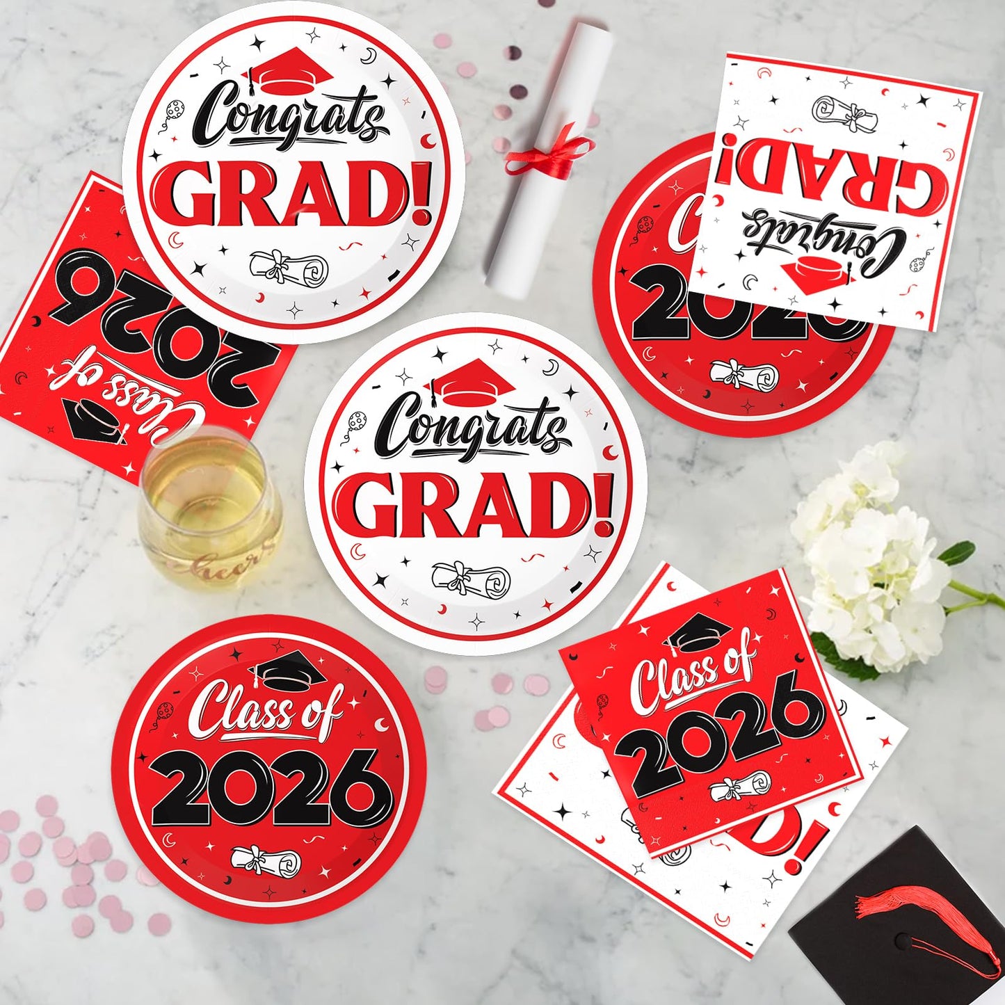 BAIVV Graduation Decorations 2026, 200 Pcs Class of 2026 Graduation Party Supplies Kit with Paper Plates, Luncheon and Cocktail Napkins, Congrats Grad Decorations for 50 Guests (Red)