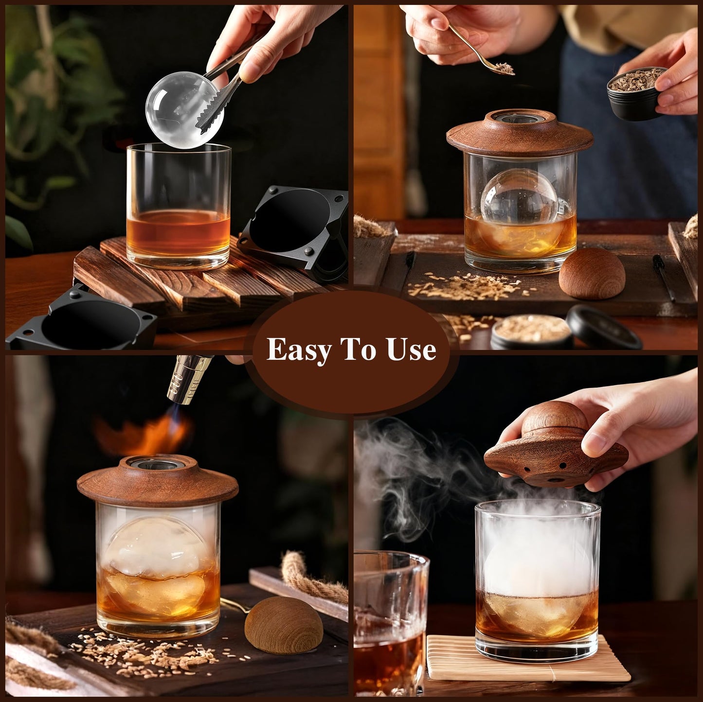 Whiskey Smoker Kit with Torch –Old Fashioned Smoker Kit for Bourbon & Whiskey – Drink Smoker Set with Wood Chips– Gift for Men, Dad, Husband/Father (1，Smoker Kit & Ice Ball Molds & Glasses)