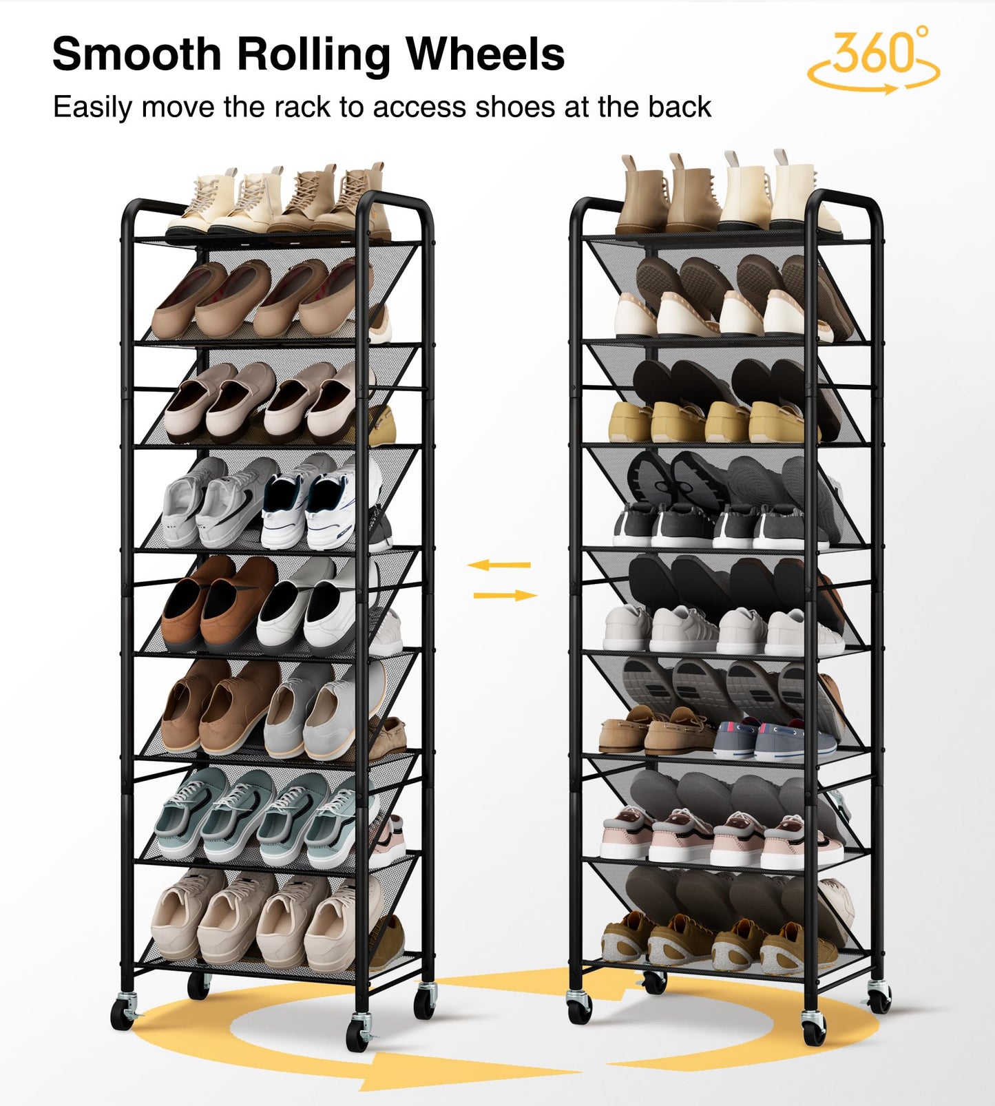 STO STO 8-Tier Narrow Shoe Rack with Lockable Wheels, Double-Sided Vinyl Mesh Shelf Shoe Organizer for Up to 30 Pairs, Slim Space Saving Metal Rolling Shoe Storage for Entryway, Closet, Hallway