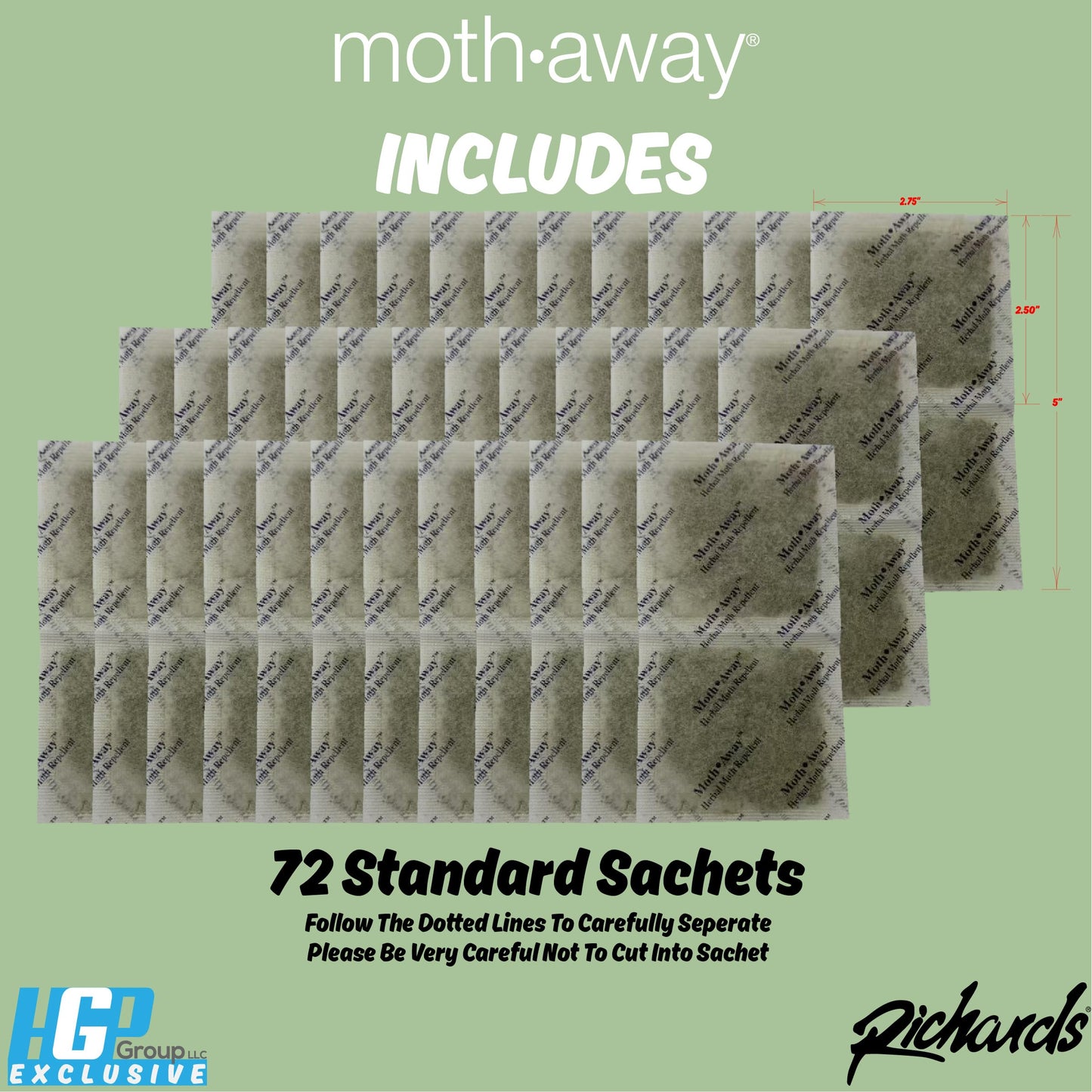 Richards Homewares Moth Away Sachets – 72-Pack Value Pack, Natural Herbal Moth Repellent, Non-Toxic & Chemical-Free, Fresh Scent for Closets, Drawers & Storage – Made in USA