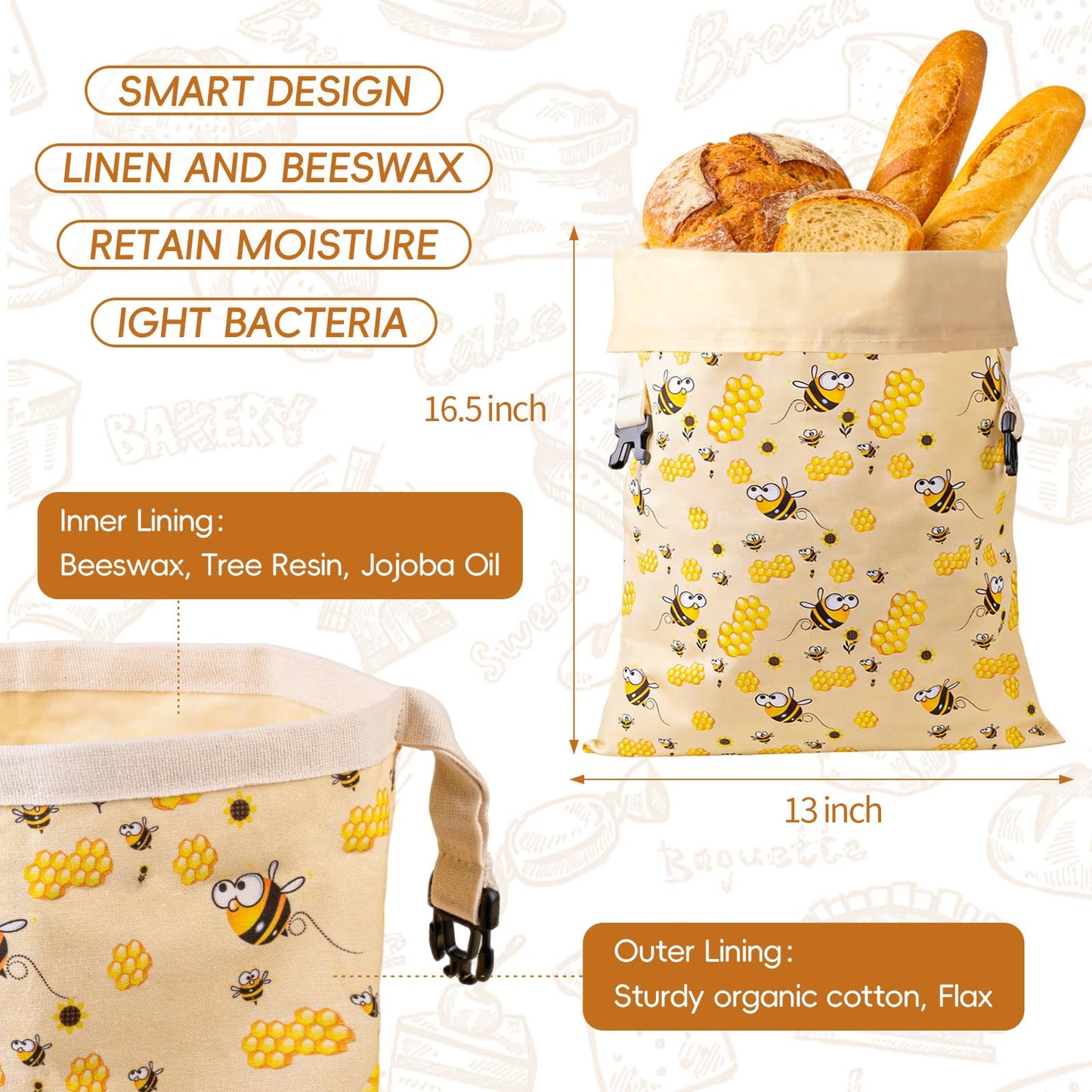 Zackoo XL Beeswax Bread Bags for Homemade Sourdough Bread (2 Pack), Reusable Cotton Linen Bread Storage Bags with Removable Beeswax Lining, Freezer Friendly, Keeps Bread Fresh