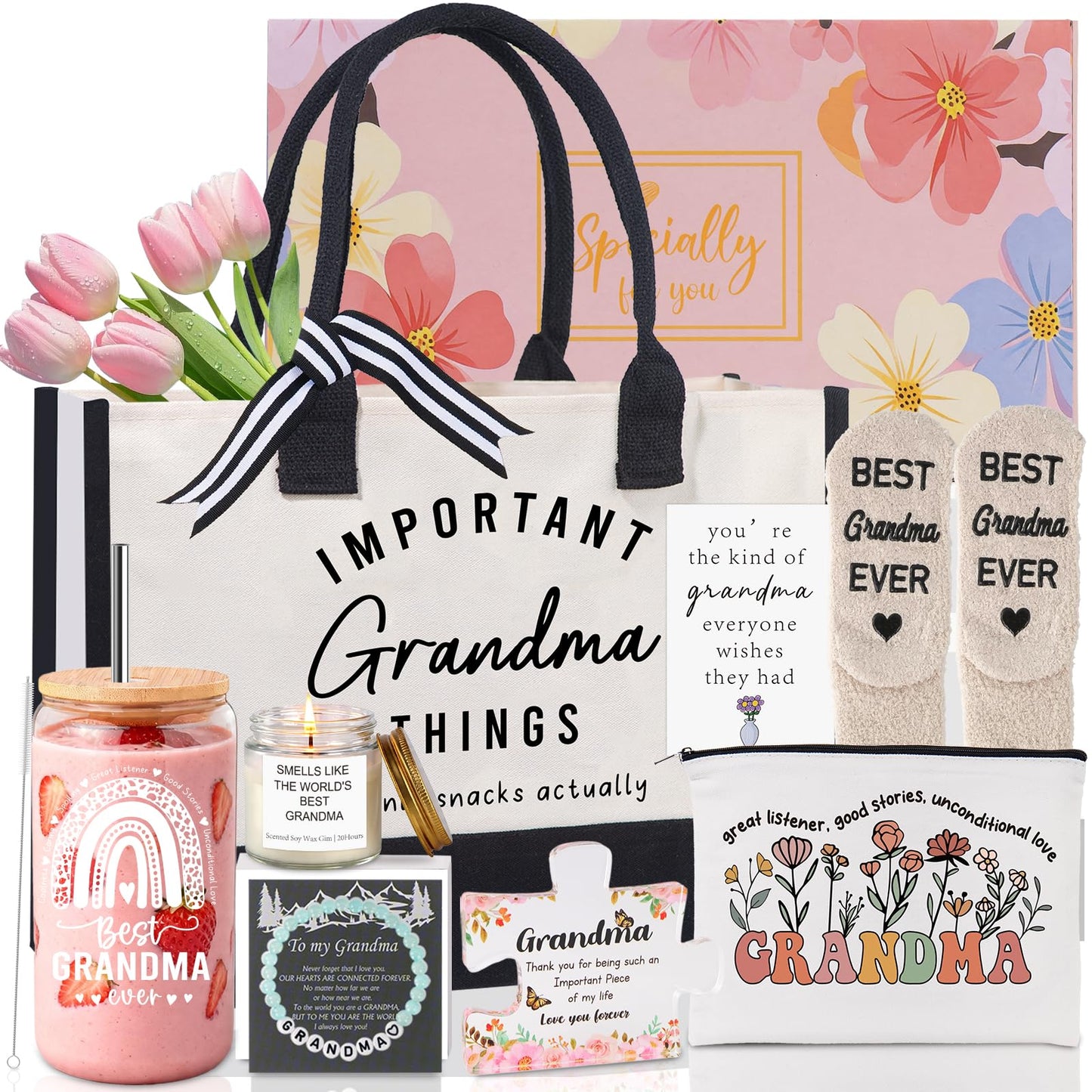 Mothers Day Birthday Gifts Basket for Grandma, New Grandma Gifts for Mothers Day, Grandmas Gift for Birthday, Grandmother Gift from Granddaughter Grandson Grandchildren Grandkids, Grandmas Presents