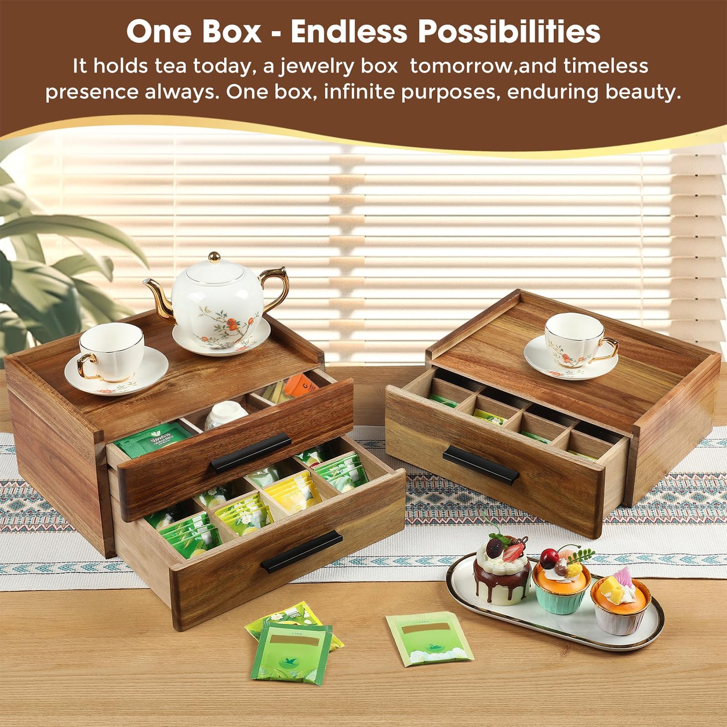 Acacia Wood Tea Bag Organizer with Gift Box, Double-Drawer Tea Box - Tea Accessories for Tea Organizer and Storage Box, Tea Station Chest Caddy for Countertop Cabinet Office(21-Compartment)