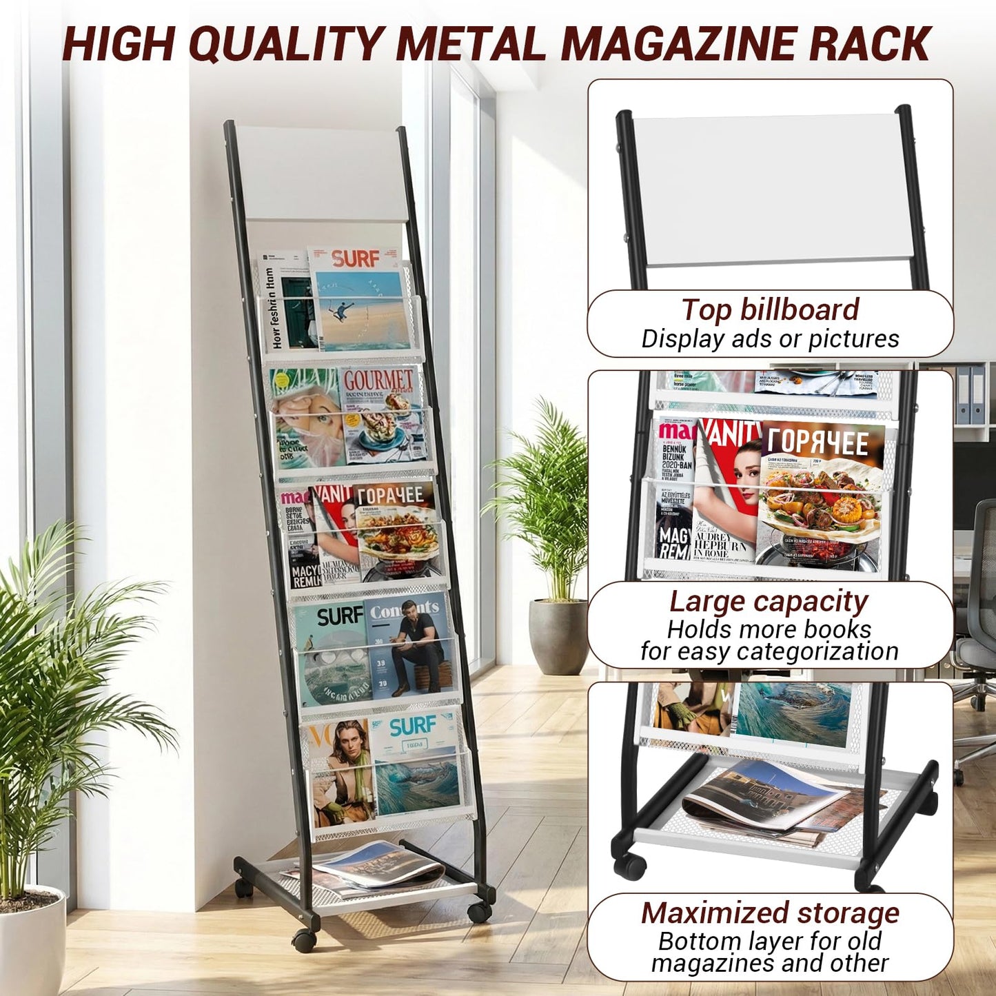 XIDIHF Floor Standing Magazine Holder with 5 Pockets, Journals, Brochure & Literature Display Holder for Trade Shows, Exhibitions, Office, and Shopping Malls, Black