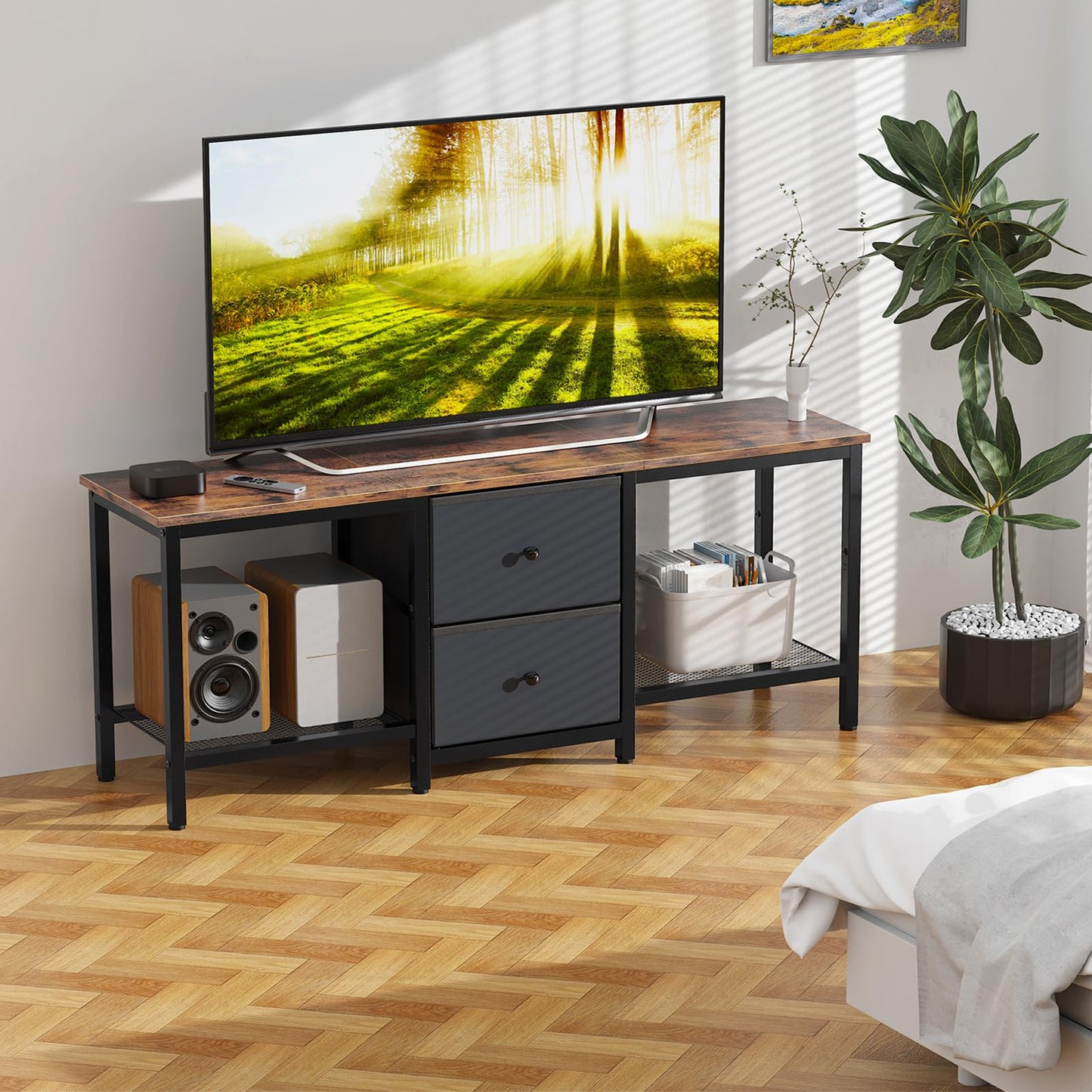 Smoproper TV Stand Suitable for TVs up to 55 Inches, Entertainment Center with Storage Drawers and Shelves, Media Console Table for Living Room and Bedroom (Brown Black)