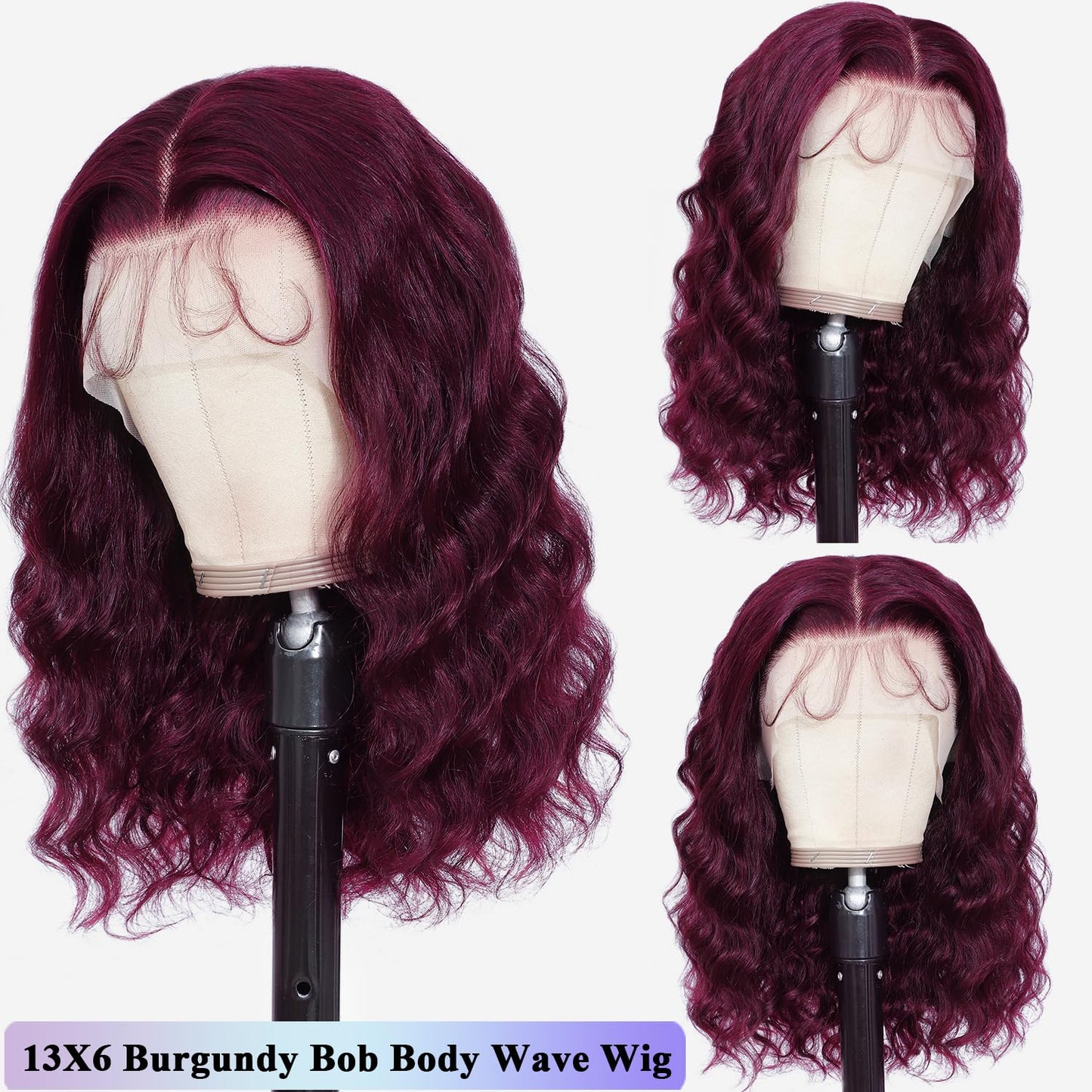 13X6 14inch 99J 230%Density Bob Body Wave Burgundy Wig Human Hair Red Bob Wig Human Hair Dark Burgundy Body Wave Bob Lace Front Wigs Pre Plucked With Baby Hair HD Transparent Lace Frontal Wig