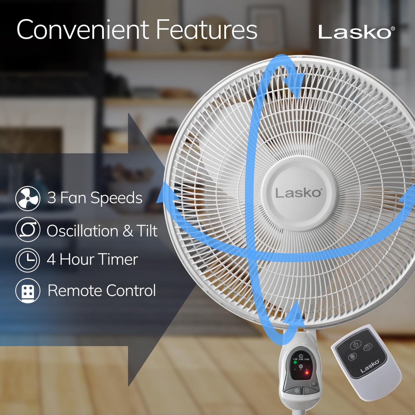 Lasko Oscillating Adjustable Pedestal Stand Fan with Timer and Remote for Indoor, Bedroom, Living Room, Home Office & College Dorm Use, 16 Inch, White, 1646