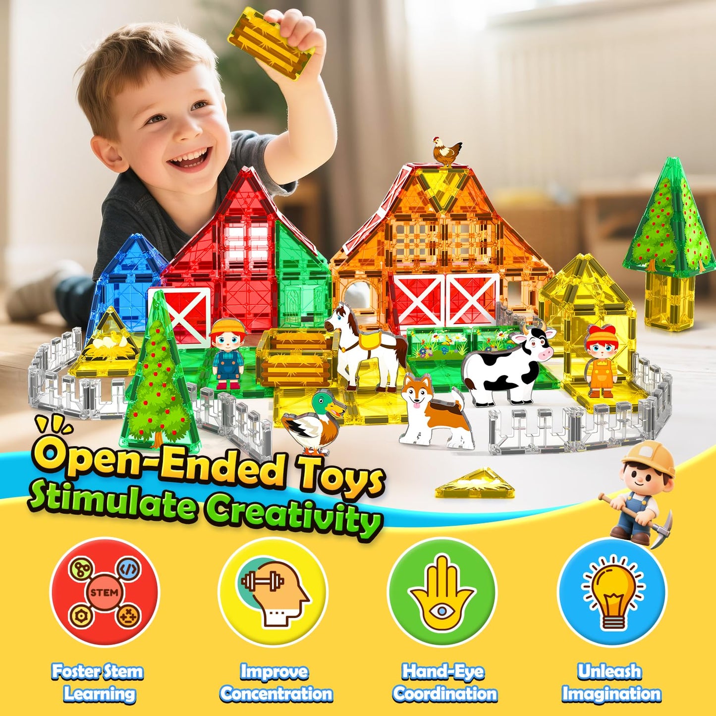 Magnetic Tiles with Farm Animals, Magnetic Blocks Building Toys for 3+ Year Old Toddler, Construction STEM Magnet Toys Gift for Kids, Boys and Girls 3 4 5 6 7 8+ Year Old