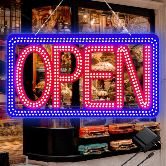 SHZHYIS 16.5"x9" Horizontal LED Open Sign for Business - Ultra Bright & Dimmable Store Sign with 4 Scene Modes, Includes Power Adapter - for Storefront, Coffee Shop, Bar, Salon Window