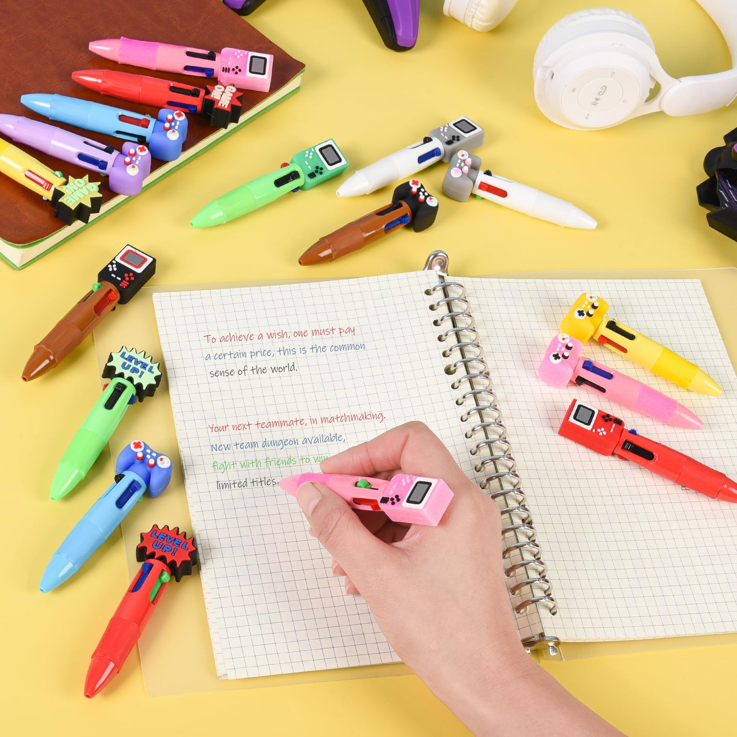 LiYiQ 100 Pcs Video Game Colorful Multicolor Pen in One Cartoon Cute Fun 4-in-1 Cute Pens Bulk Kawaii Game Handle Level Up Games Console Shape Cool Ballpoint Pens for Kids Fun Gifts