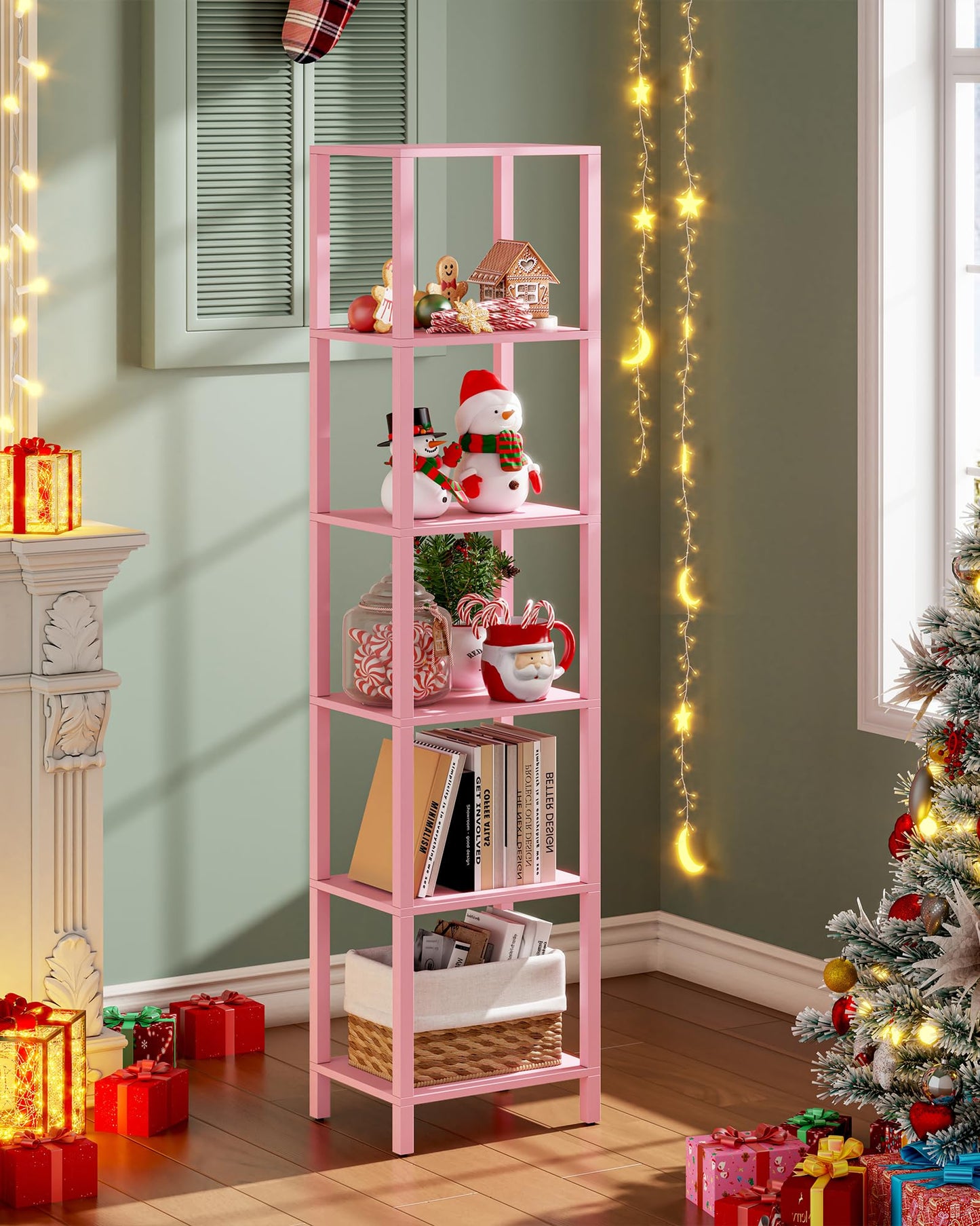 TUTOTAK Bookshelf, 6-Tier Tall Book Shelf, Narrow Bookcase for Small Space, DIY Stackable Bookshelf, for Living Room, Office, Study, Entryway, Industrial, Pink BS01BP006